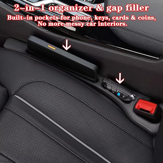 Car Seat Gap Filler Organizer of 2 Universal Car Gap Seat Filler with Storage Pockets, No Drop Seat Guard for Phones, Keys & Cards, Car Accessories for Most Cars Trucks SUVs (Black)