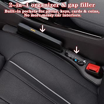 Car Seat Gap Filler Organizer of 2 Universal Car Gap Seat Filler with Storage Pockets, No Drop Seat Guard for Phones, Keys & Cards, Car Accessories for Most Cars Trucks SUVs (Black)