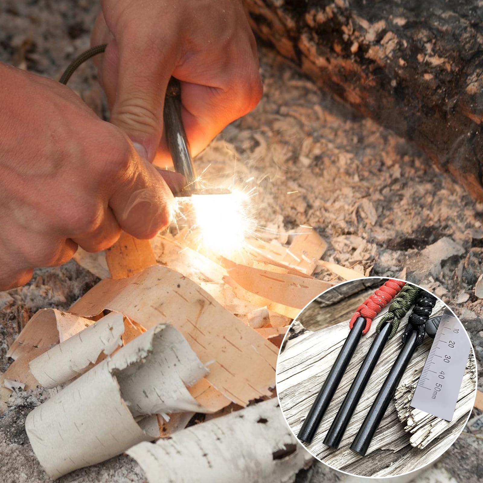 Acero para fuego: pedernal de supervivencia con paracord, iniciador de fuego para camping
