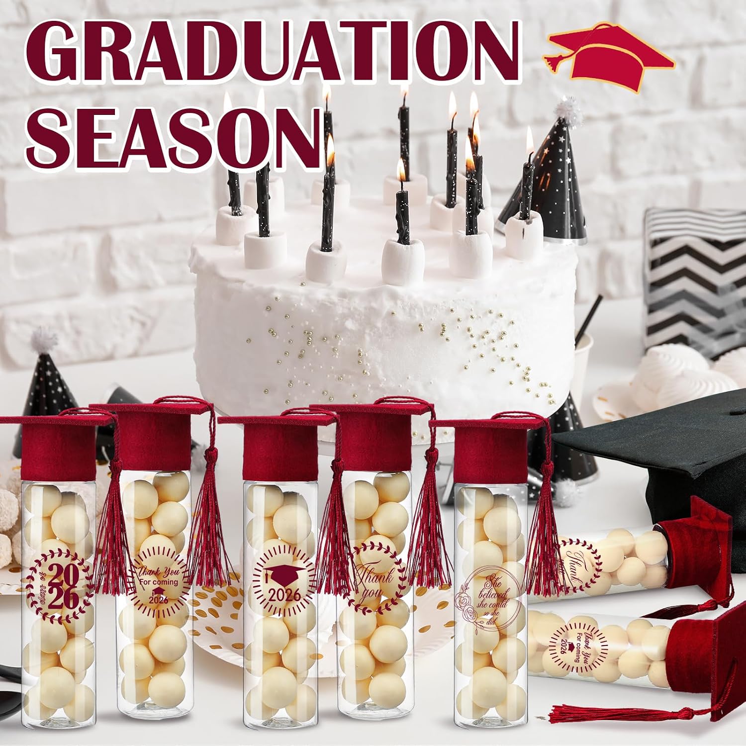 Teenyyou 25 Pcs Graduation Candy Tubes 2026 Graduation Party Favors Candy Boxes Plastic Grad Cap Jars Container with Tassels and Stickers for DIY Grad Table Party Favors (Maroon)