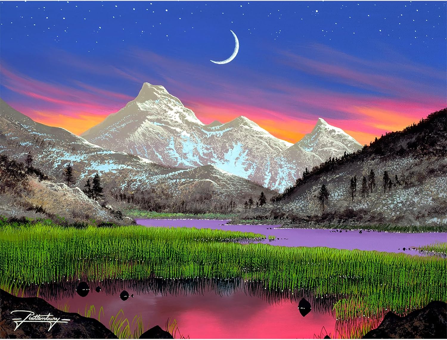 Bits and Pieces – Large 300 Piece Jigsaw Puzzle for Adults – Evening Magic - Nightime Mountain Landscape Jigsaw Puzzle by Artist Jon Rattenbury, Completed Puzzle Size: 18" x 24"