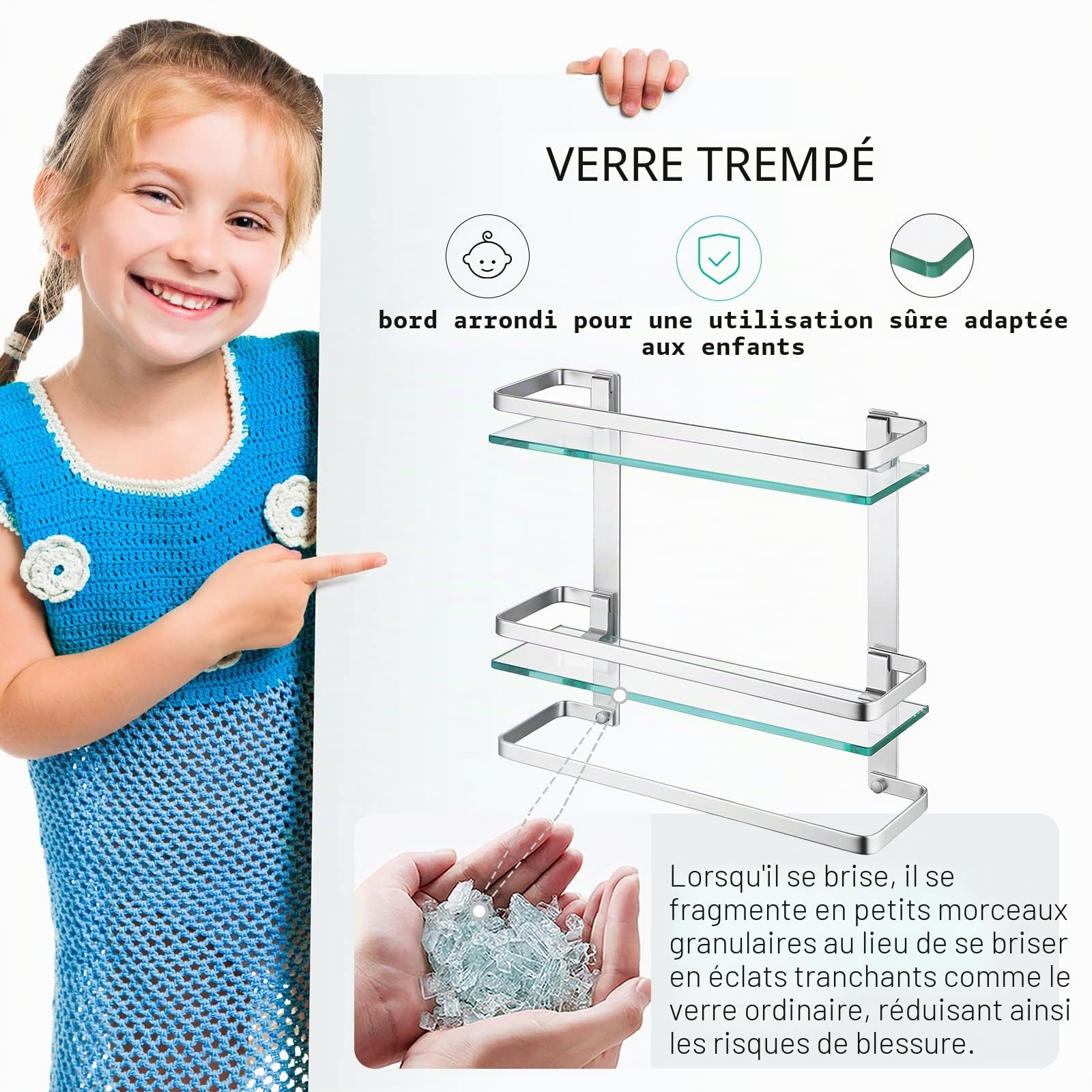 KES Etagere Salle de Bain avec Porte-Serviettes Aluminium Étagère Murale en Verre 8MM Verre Trempé Épais Rangement Douche Deux Niveaux Argent, A4127B