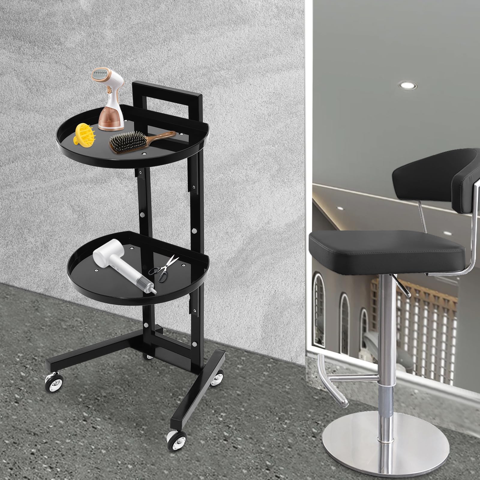 Carro portaherramientas Plegable Ruedas Color Negro peluquería barbería salón de Belleza Esteticista Camarero SPA etc. También Apto Uso doméstico. Bandeja Ruedas Comercial.