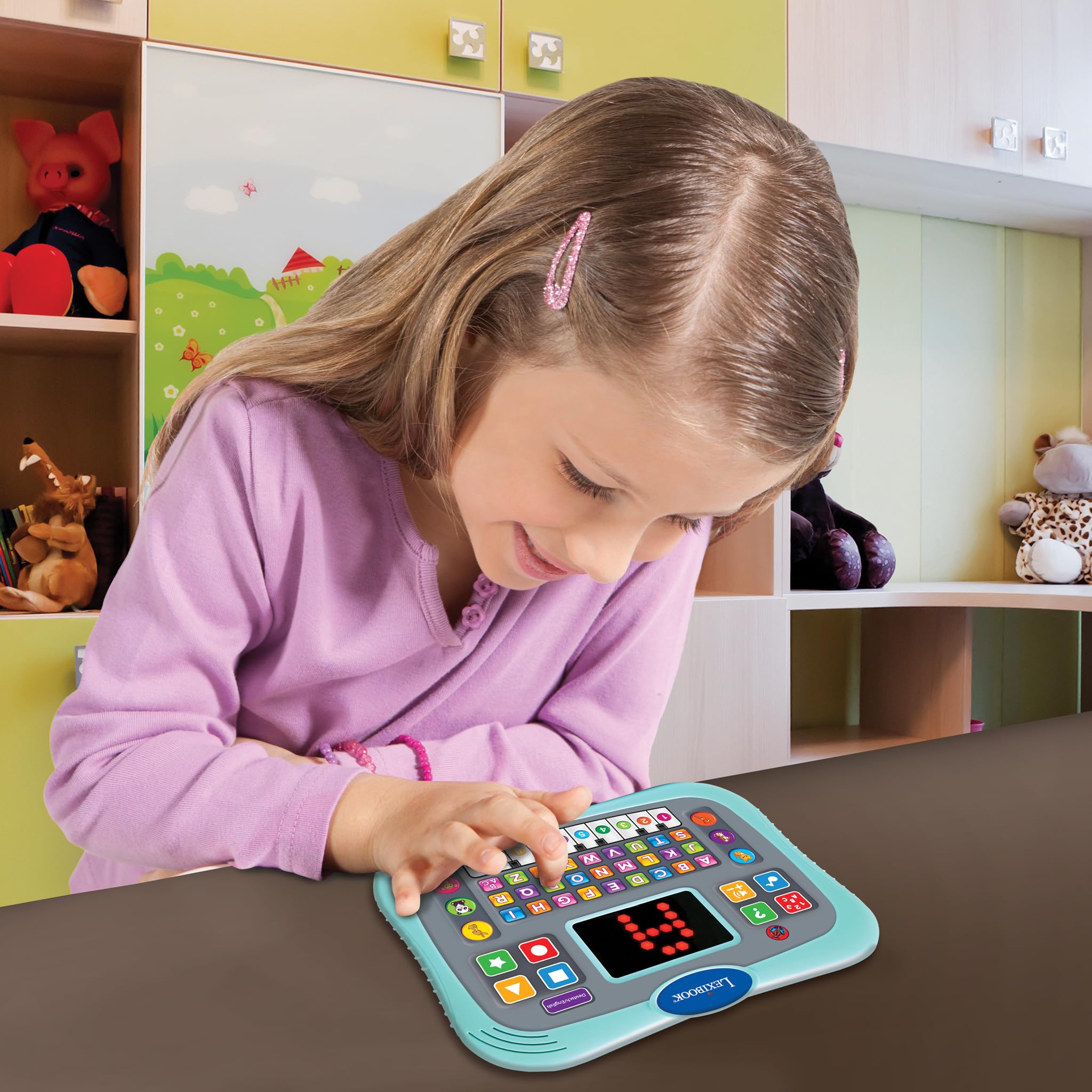 Lexibook, Tablette éducative bilingue Anglais/Allemand Tablette Parlante avec Ecran pour Apprendre l'alphabet, Les Chiffres et Les Animaux, Modes Piano et Quiz Interactifs, Bleu, JCPAD007i3