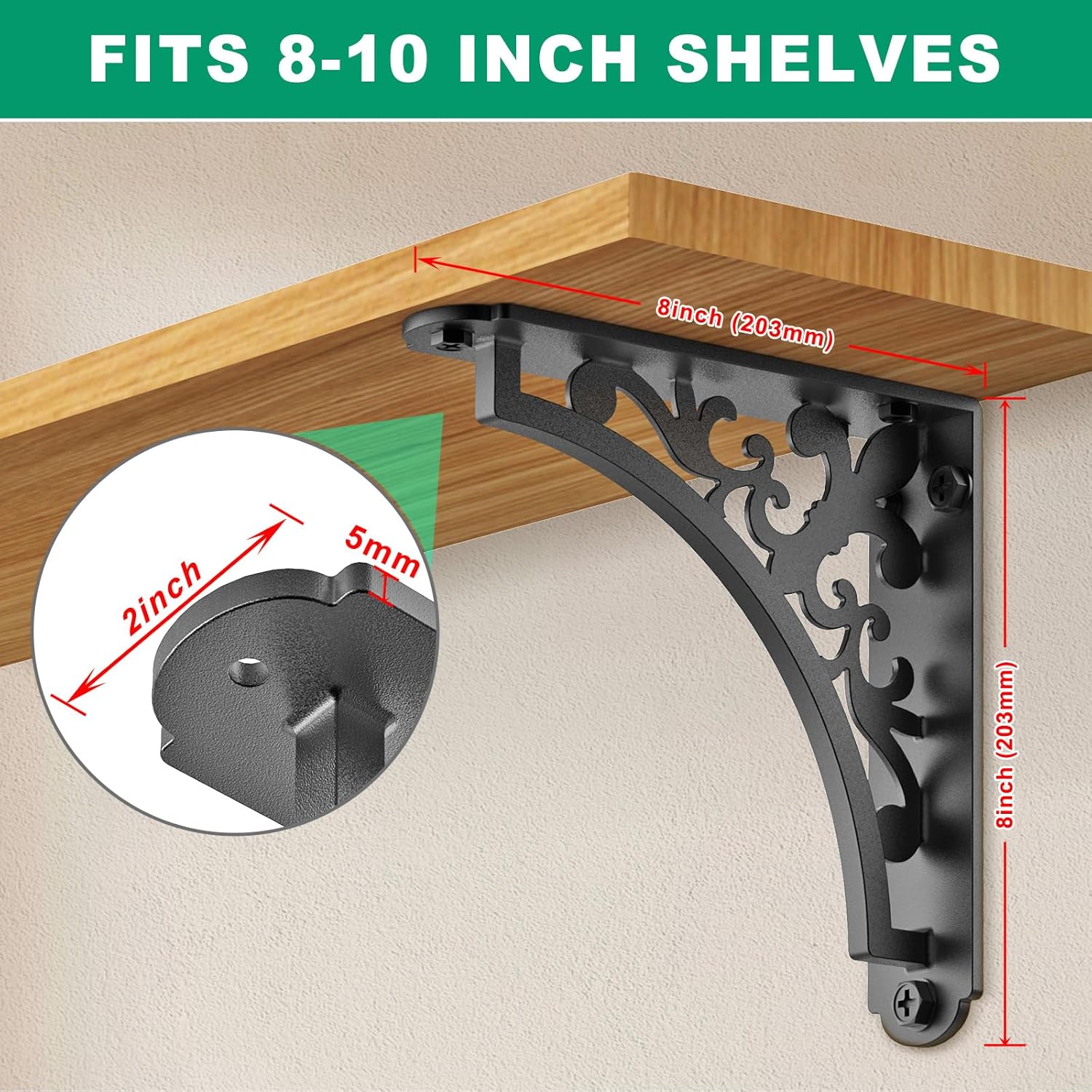 SELEWARE Black Heavy Duty Shelf Brackets, L 8" x H 8" x W 2" Wall Mount Decorative Shelving Brackets, 1/5" Thick Metal L Brackets with Mounting Hardware for DIY Floating Shelf (Classic B, 2 Pack)