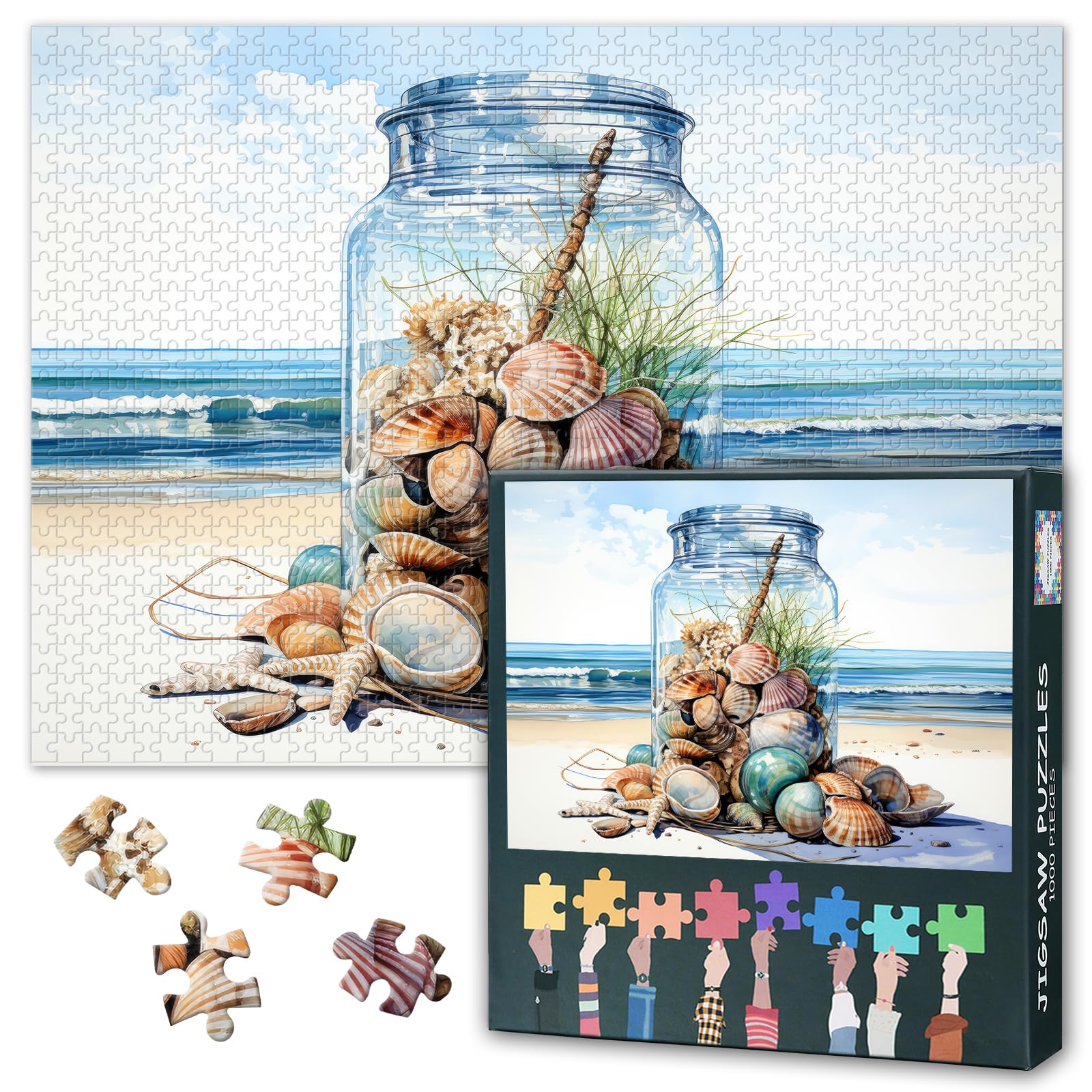 Jigsaw Puzzles for Adults 1000 Beach - Hard Difficult Challenging Family Puzzle Ocean, Educational Puzzle Games Home Decoration 27.5x19.7 Inch (Glass Jar with Seashells)