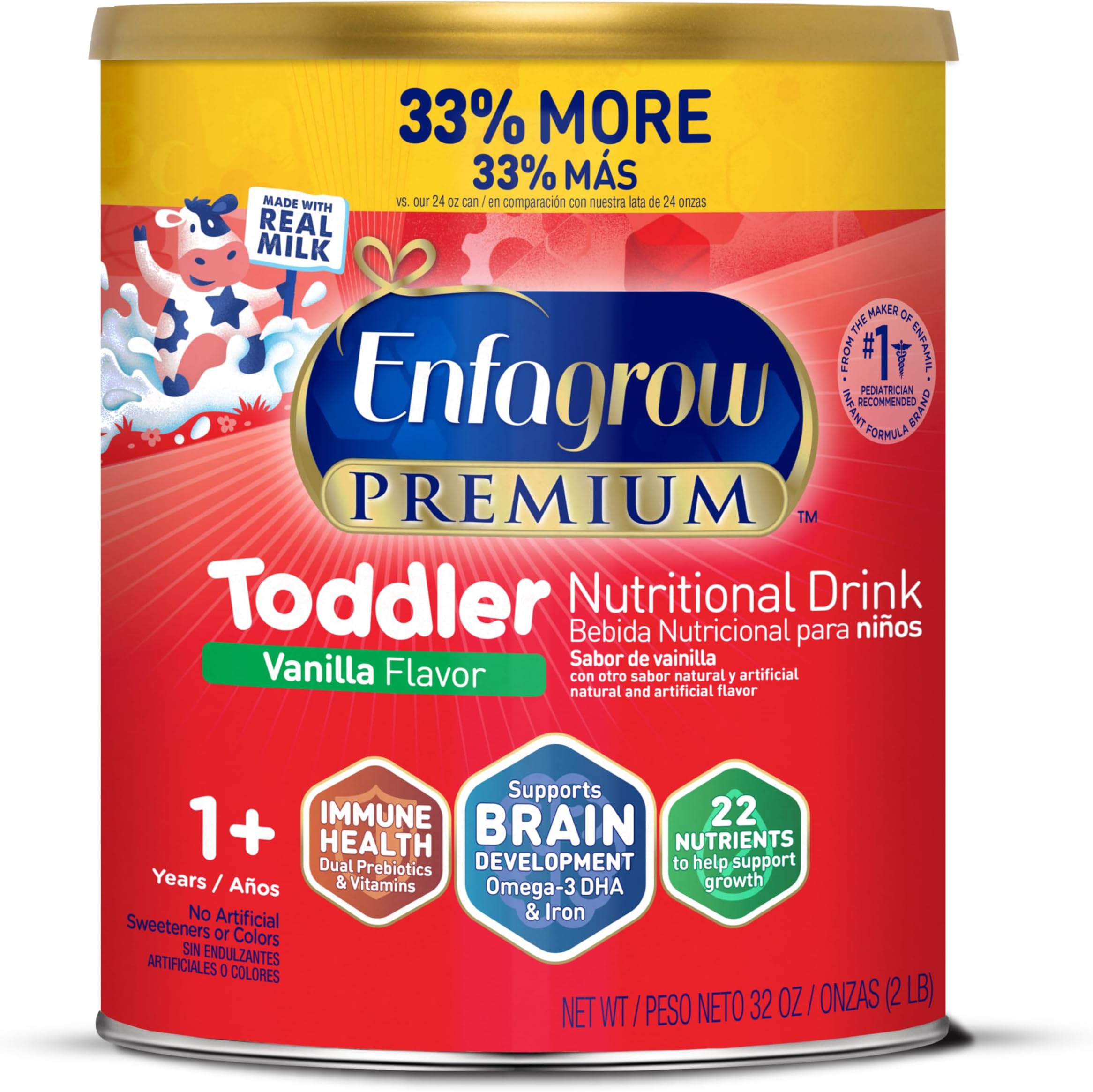 Enfagrow PREMIUM Toddler Nutritional Drink, Natural Vanilla Flavor, Omega-3 DHA for Brain Support, Prebiotics & Vitamins for Immune Health, Powder Can, 32 Oz