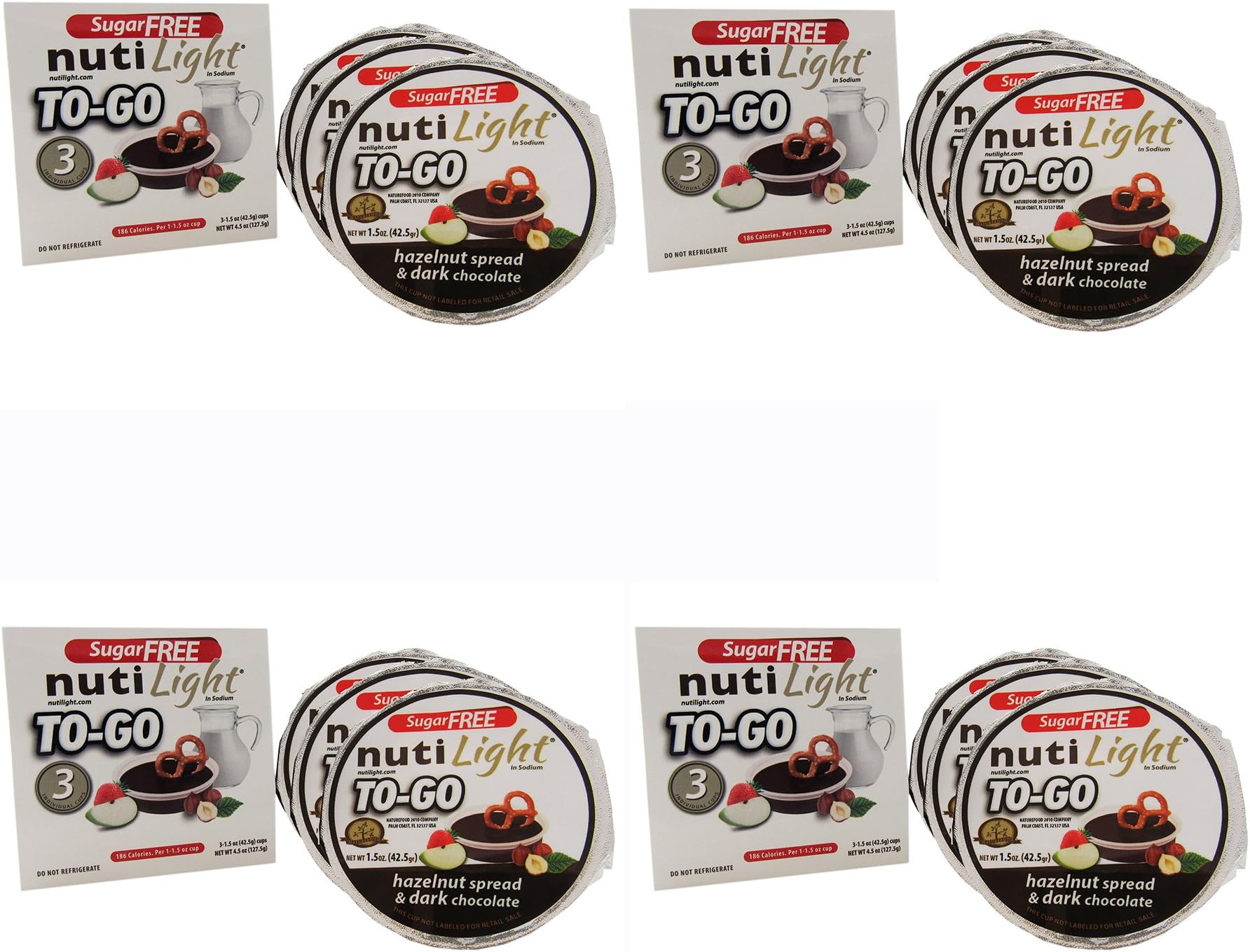 Nutilight TO-GO - Sugar Free - Hazelnut Spread & Dark Chocolate - 4 Boxes of 3 (1.5 Ounce) cups each, 4.5 Ounce (Pack of 4)