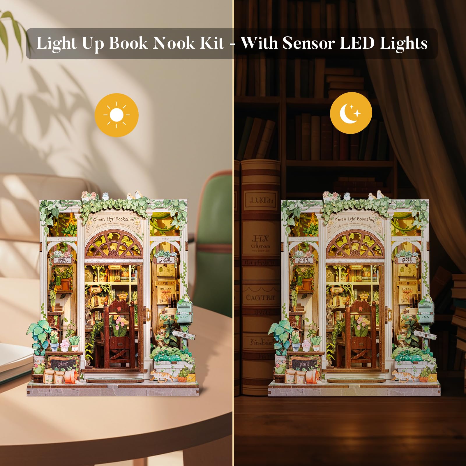 Fsolis Book Nook, 3D Wooden Puzzles Book Nook Kit, Diy Miniature House Kits for Adults Bookshelf Decor Gifts (Green Life Bookshop) - Image 3