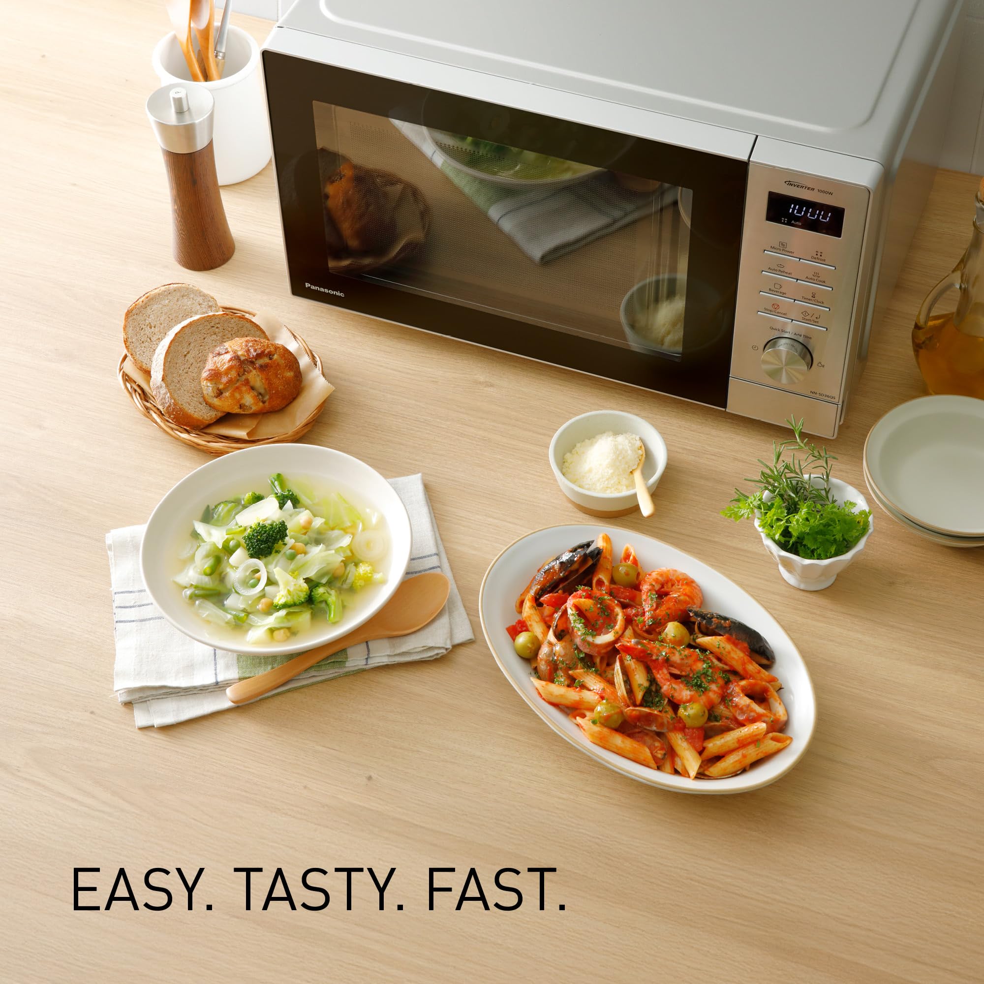 Panasonic NN-SD36QSEPG kuchenka mikrofalowa solo, 29 l, 1000 W, automatyczne rozmrażanie, 11 automatycznych programów, timer, srebrna