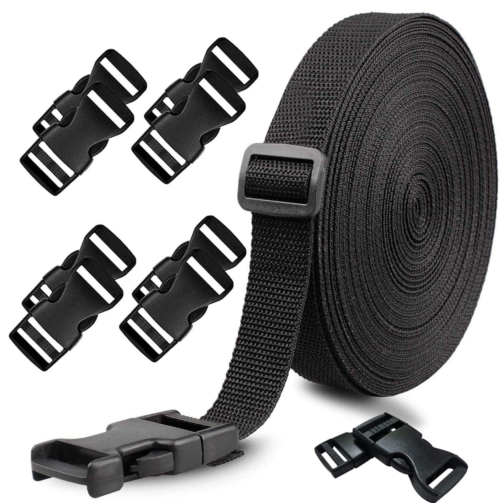 fenshine10 Yards Nylon Webbing Strap Band with 10 Sets of Flat Side Release Buckles and Tri-Glide Slides for DIY Making Luggage Strap and Backpack Repairing (1 inch)