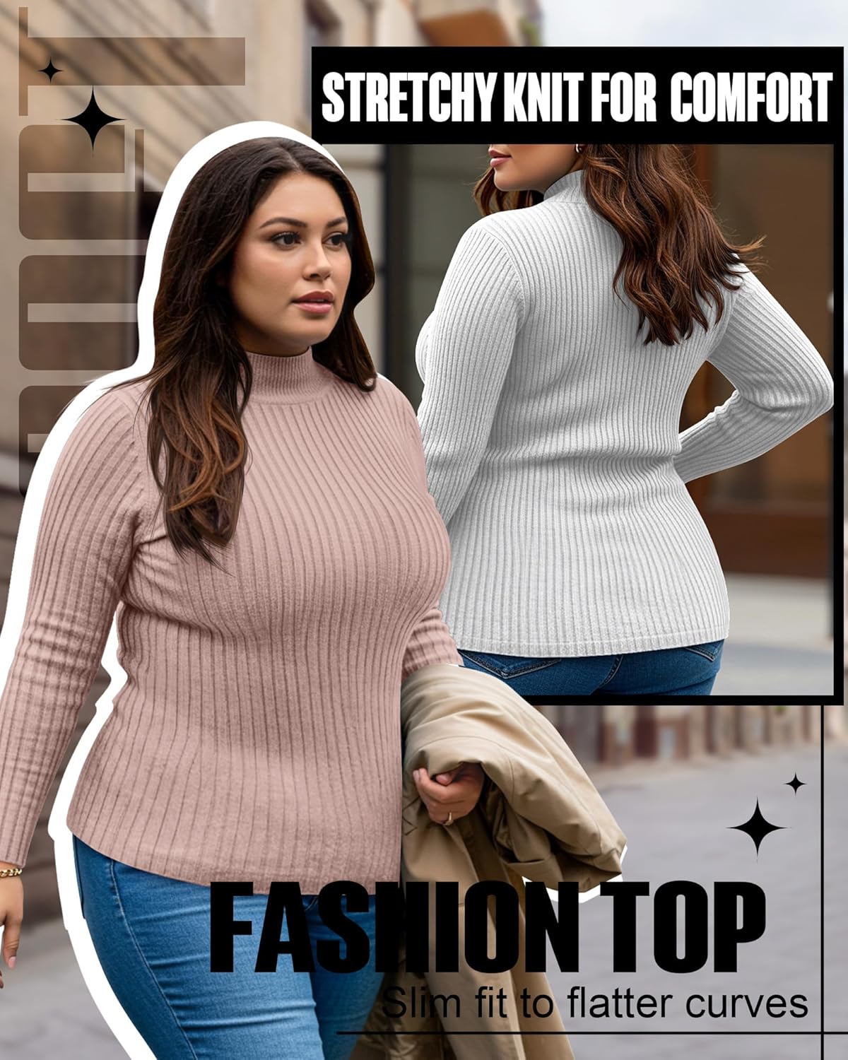 Riyiper 3 Pack Women's Ribbed Plus Size Mock Turtleneck Tops, Long Sleeve Slim Fit T-Shirts Pullover Sweater Basic Layer Top - Image 4