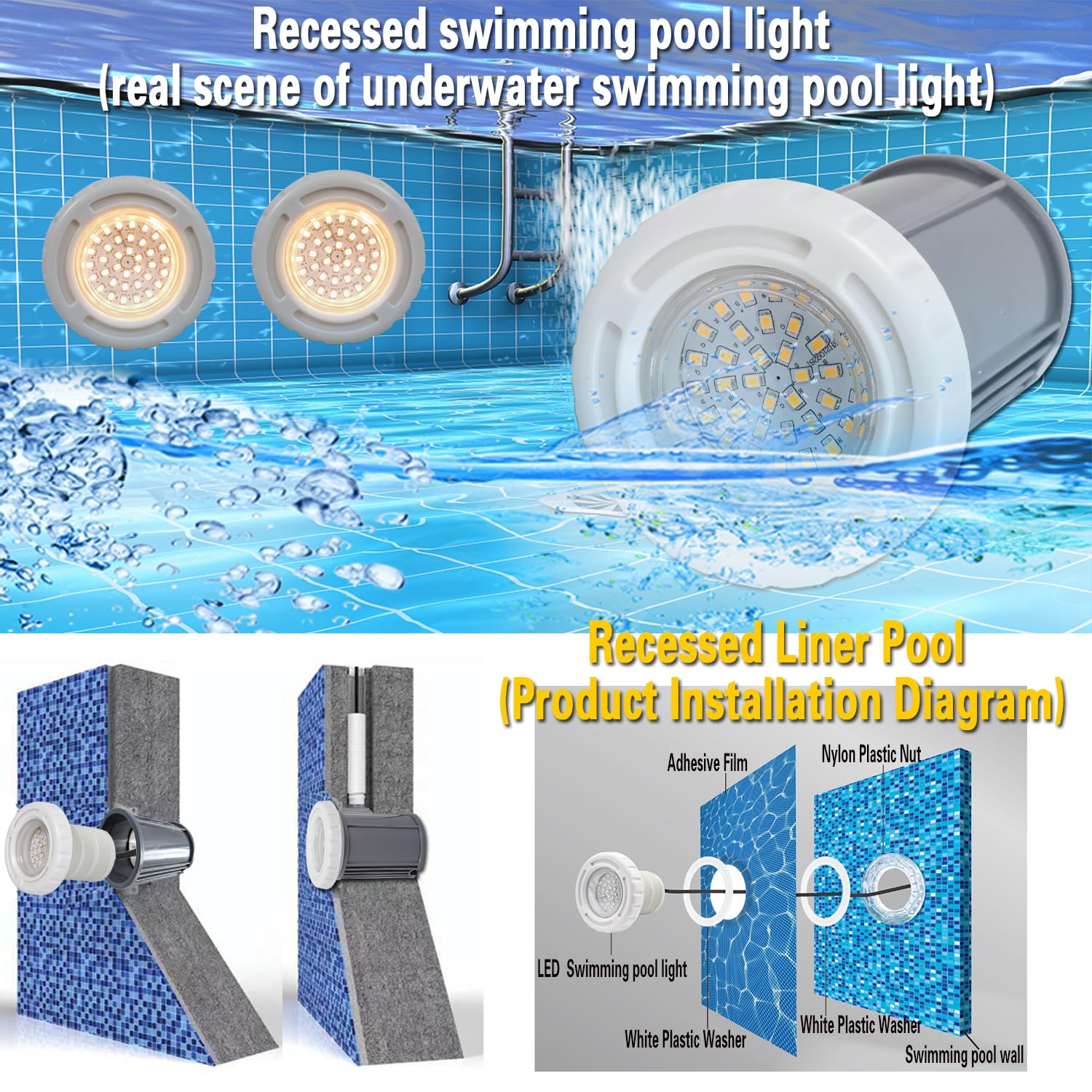 BARCELONA LED LED Poolleuchte 3W AC12V IP68 Unterwasserleuchte Ø94mm Warmweiß 3000K SMD2835 LED Poollicht Aufbaumontage für Pool, Jacuzzi, Spa, Brunnen, Teich, Wasserdekoration