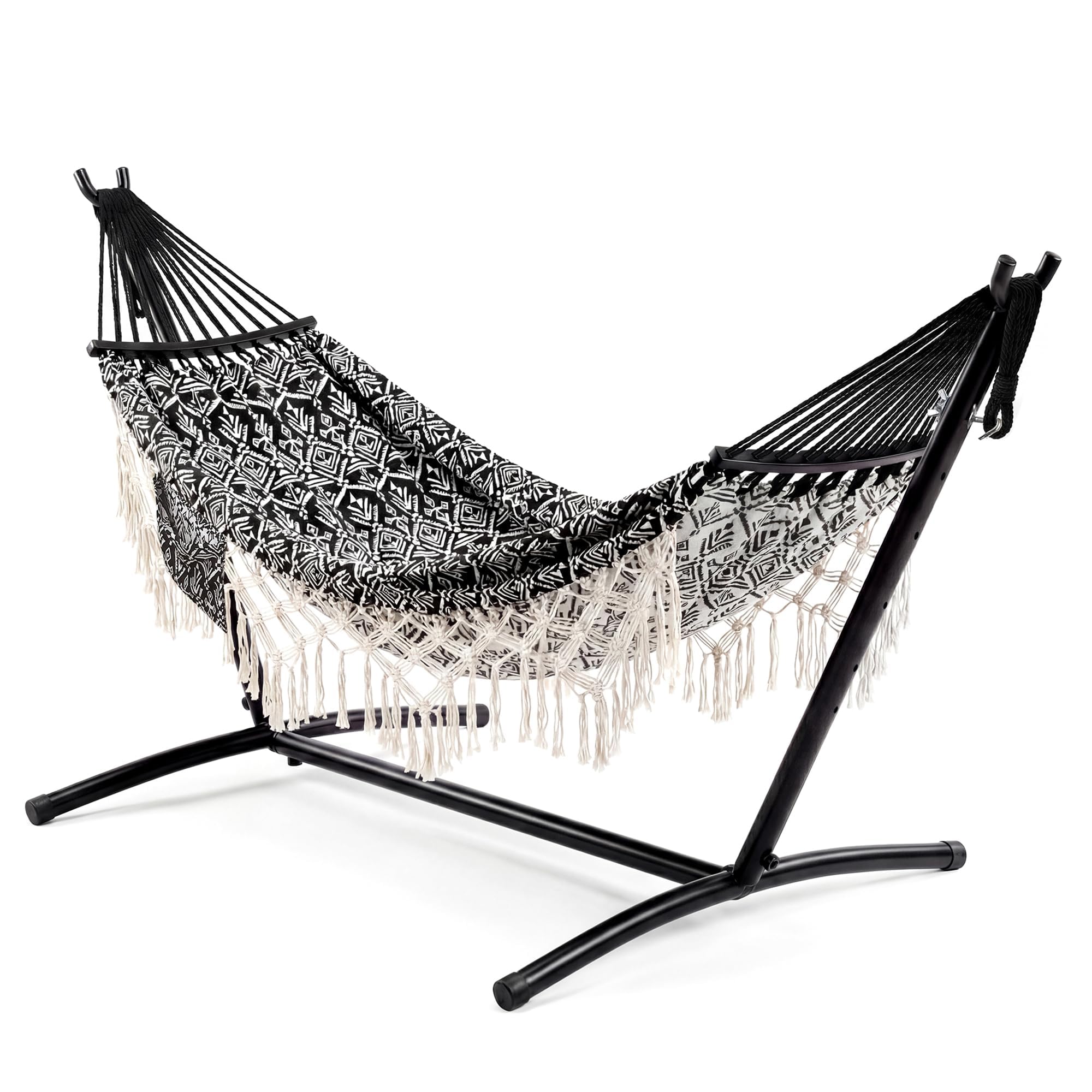Garvee Hammock with Stand 200x150cm, 204kg Capacity Bohemian Double Cotton Hammock Includes Carry Bag, Easy Assembly, Hammocks Hanging Chair for Indoor Outdoor Patio Porch Garden Backyard - Black