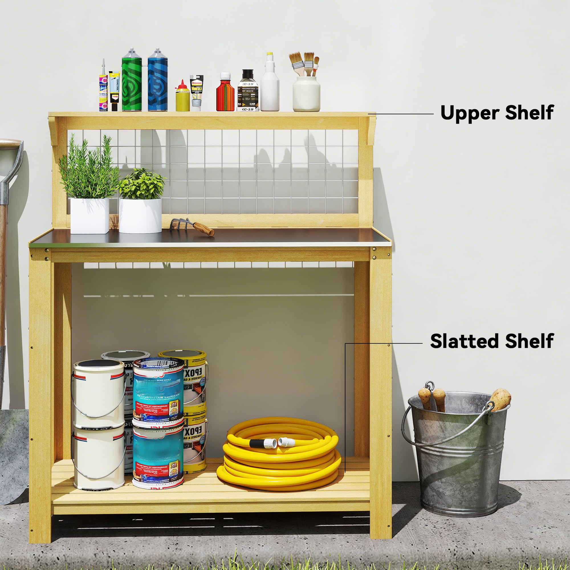 Outsunny Mesa Trabajo Madera macetas 100x48x119cm Amarillo | Superficie aluminio, Banco jardín exterior, Diseño rejilla, 2 estantes, bricolaje, Estación plantación, patio, jardín