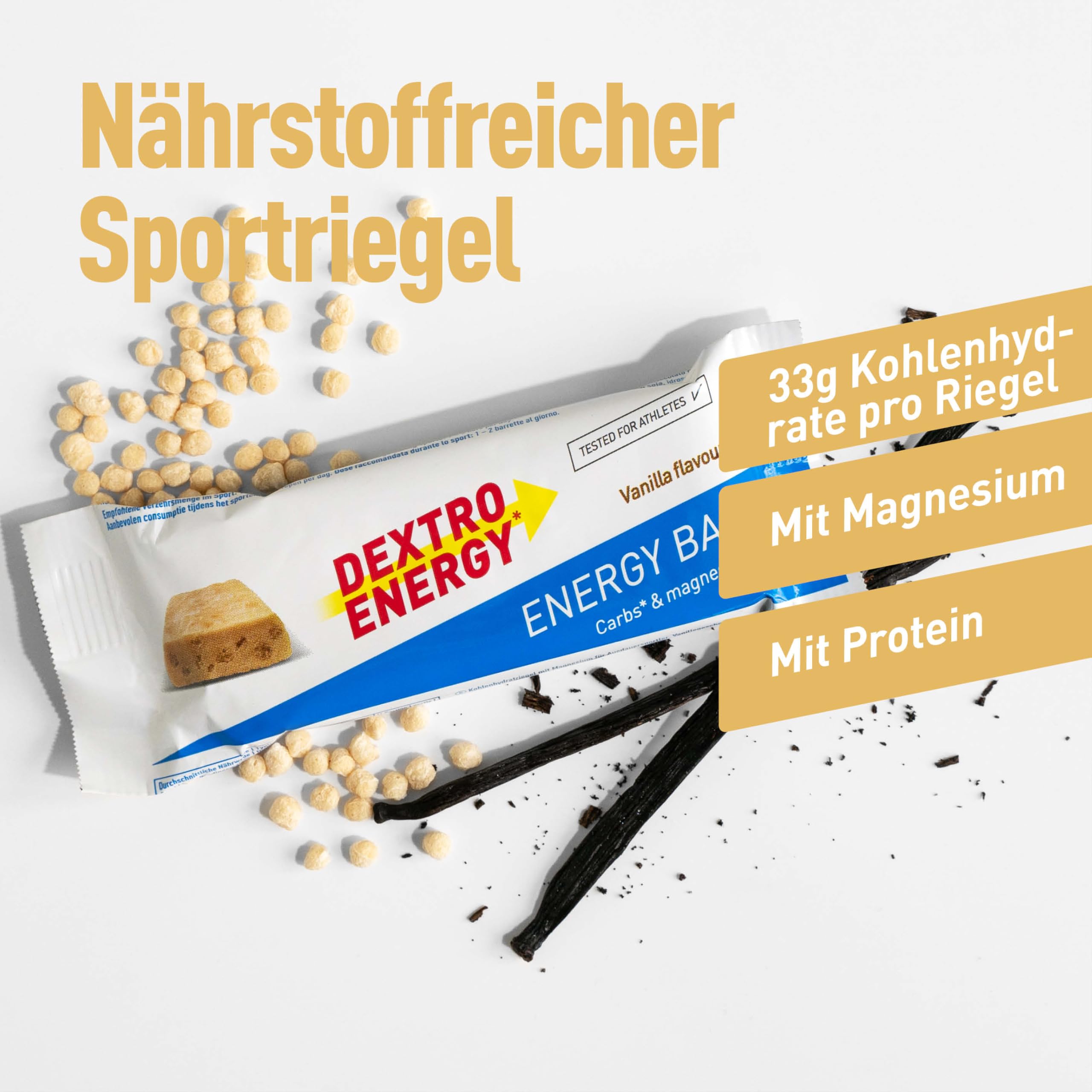 Dextro Energy Energieriegel Vanille Flavour - Mit Protein Crispies – 24x50g Vorteilspack – 81 mg Magnesium pro Powerriegel