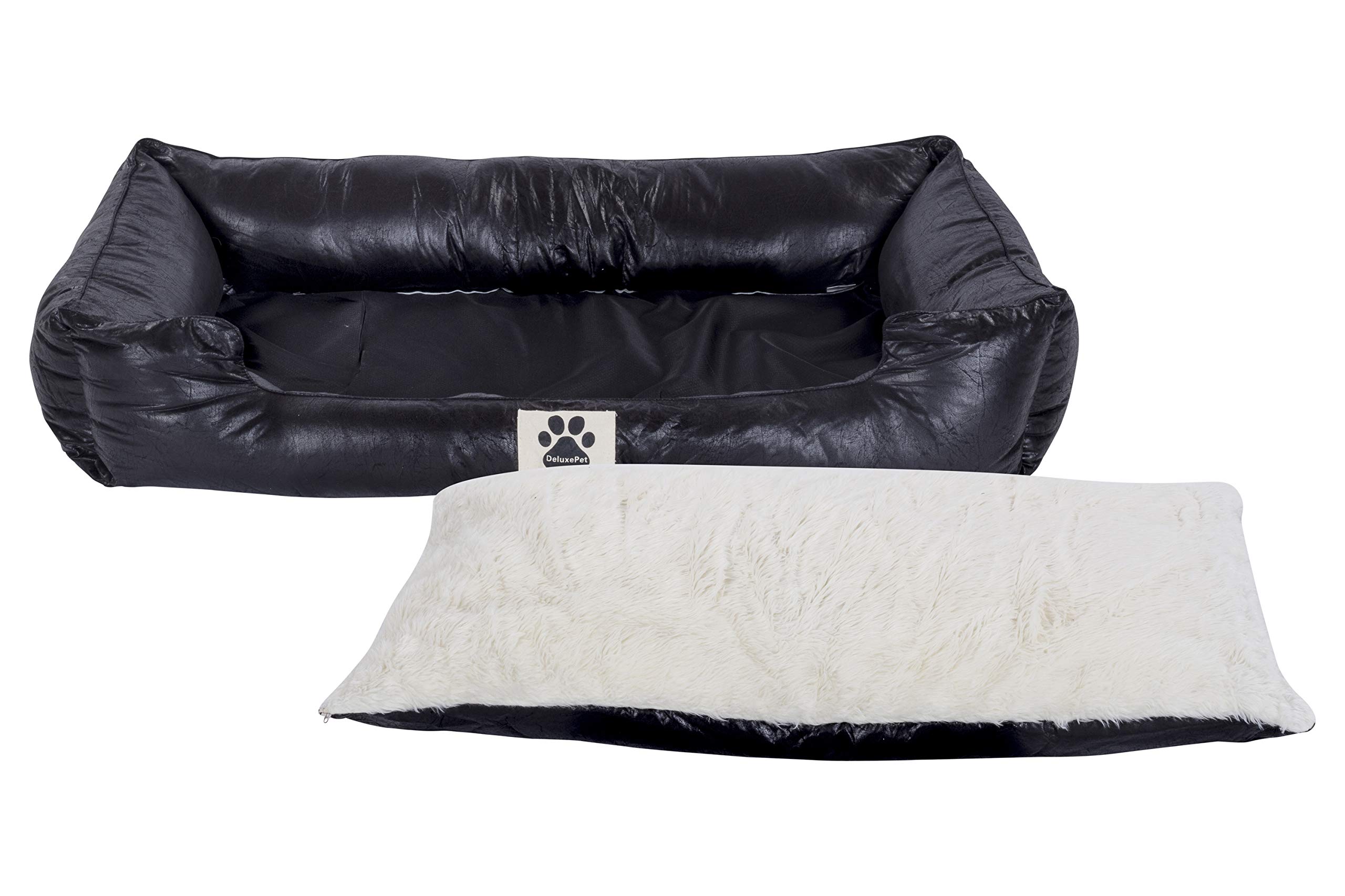 CLAMARO 'DeluxePet' Hundebett schwarz 120x80 aus Kunstleder mit 2in1 Wendekissen, Hundekissen für große Hunde mit Einer Fell und Leder Seite, Seiten weich gepolstert, Anti-Rutsch Rückseite