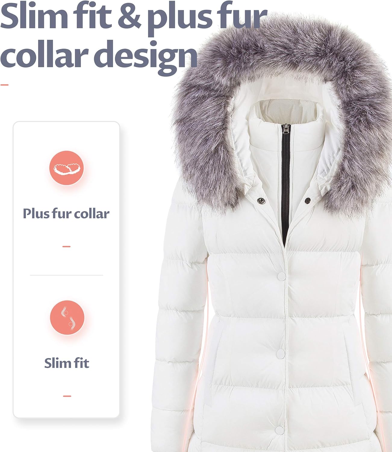 CREATMO US Women's Winter Snow Jacket Long Fur Puffer Coat With Removable Faux Fur Trim - Image 3