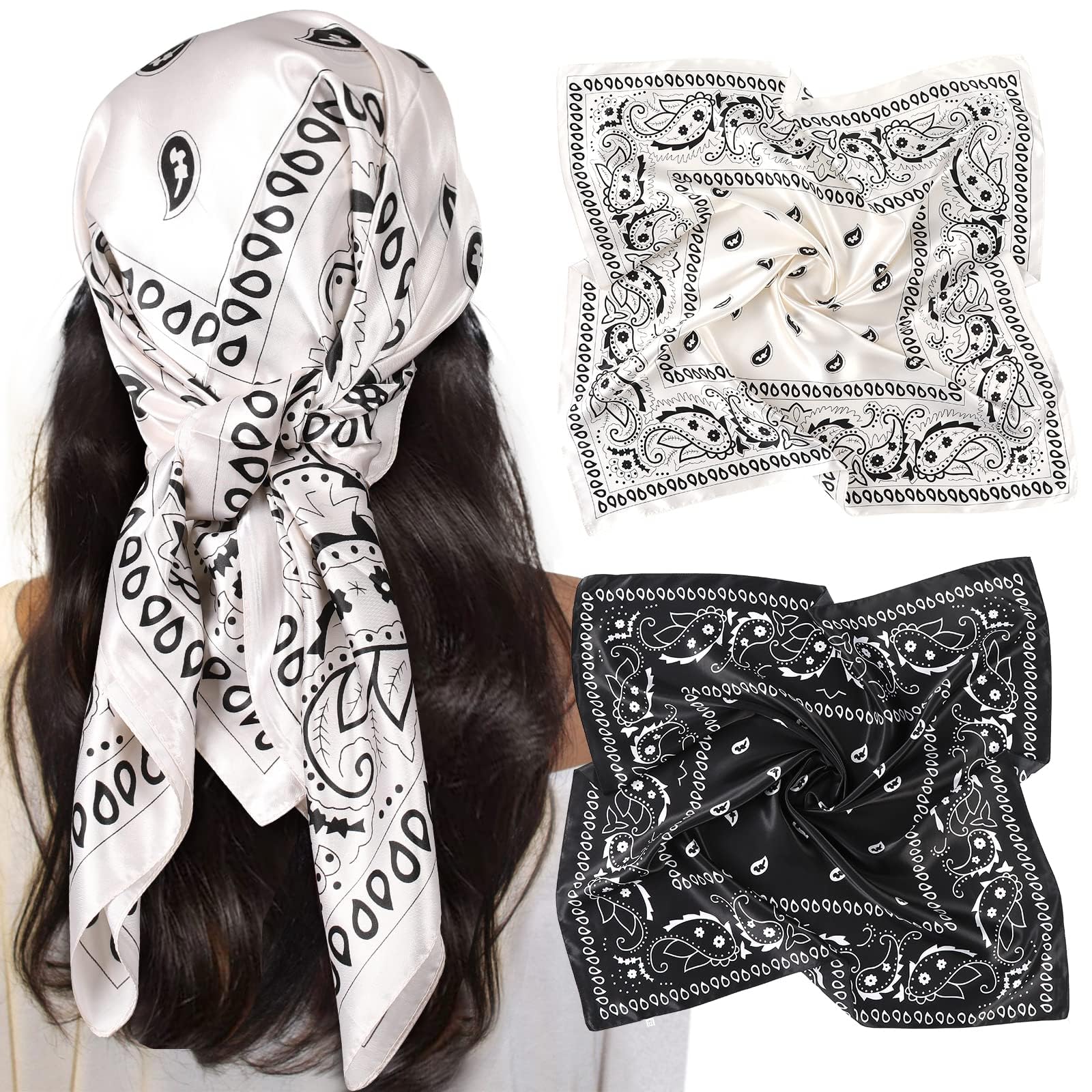 AWAYTR 35” Large Satin Square Head Scarf - 2Pcs Silk Like Floral Head Scarves Square Satin Hair Scarf Bandanas for Women