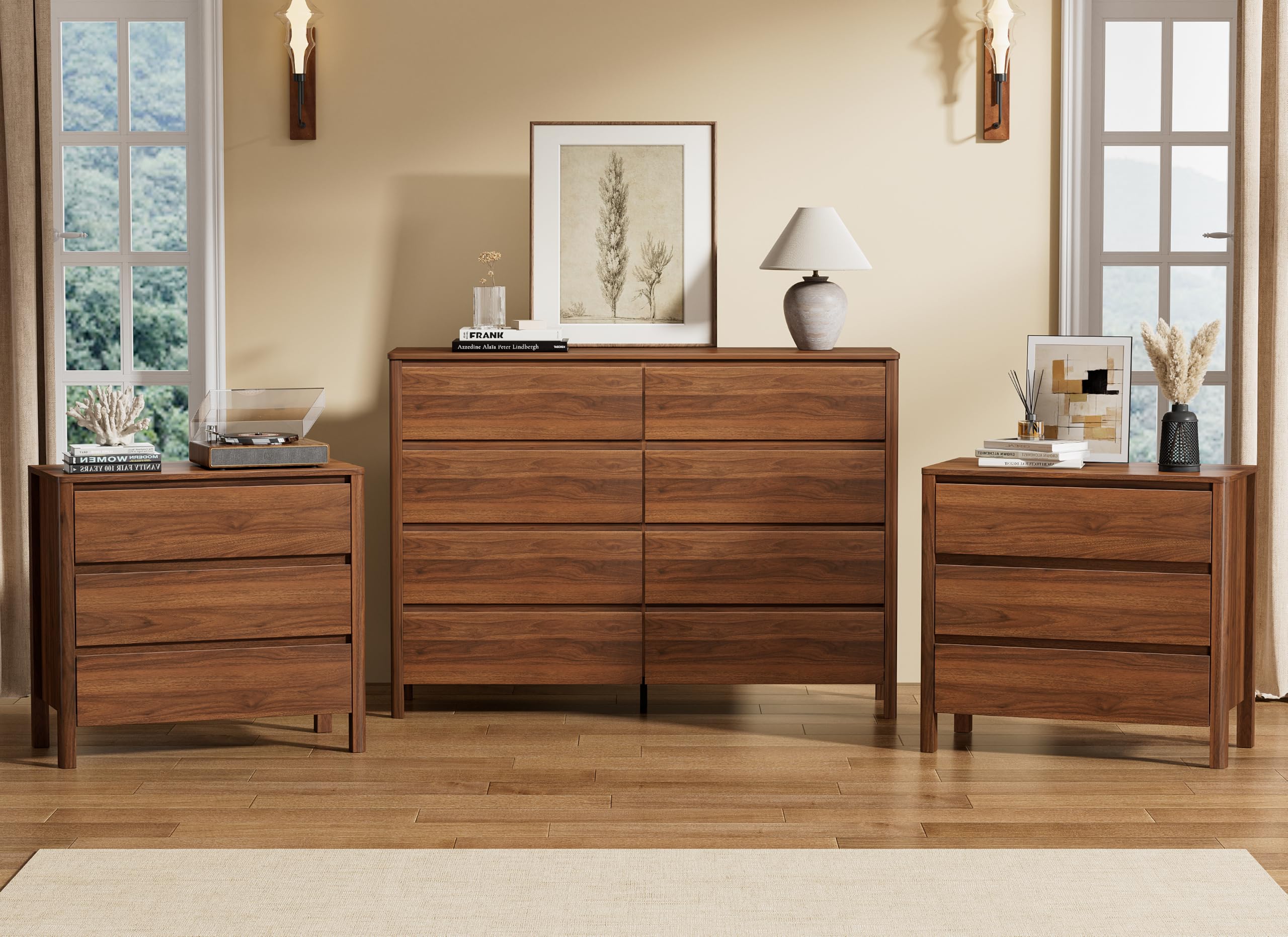 Furniway Walnut 3 Piece Bedroom Set with 8 Drawer Dresser