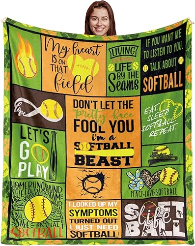 Manta de sóftbol de 60 x 80 pulgadas, manta de regalo de softbol, bonita, suave, acogedora, cálida manta de franela para cama, sofá, cordones de