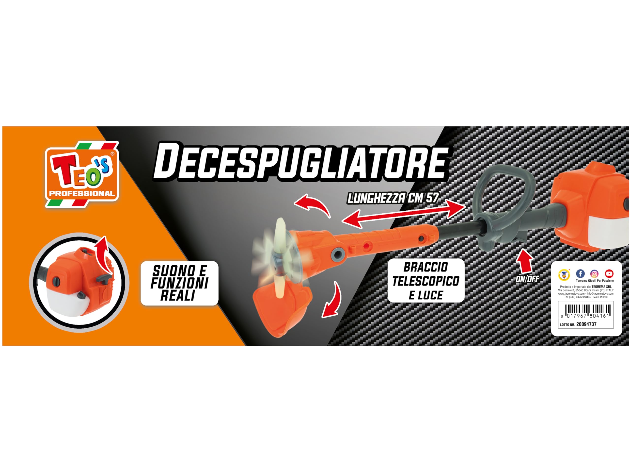 Teorema Giocattoli - TEO'S Teorema-débroussailleuse Jouet pour Enfants à Batterie avec lumières et Sons, Bras télescopique, Longueur 57 cm, Couleur Orange, Blanc, Gris, 80416