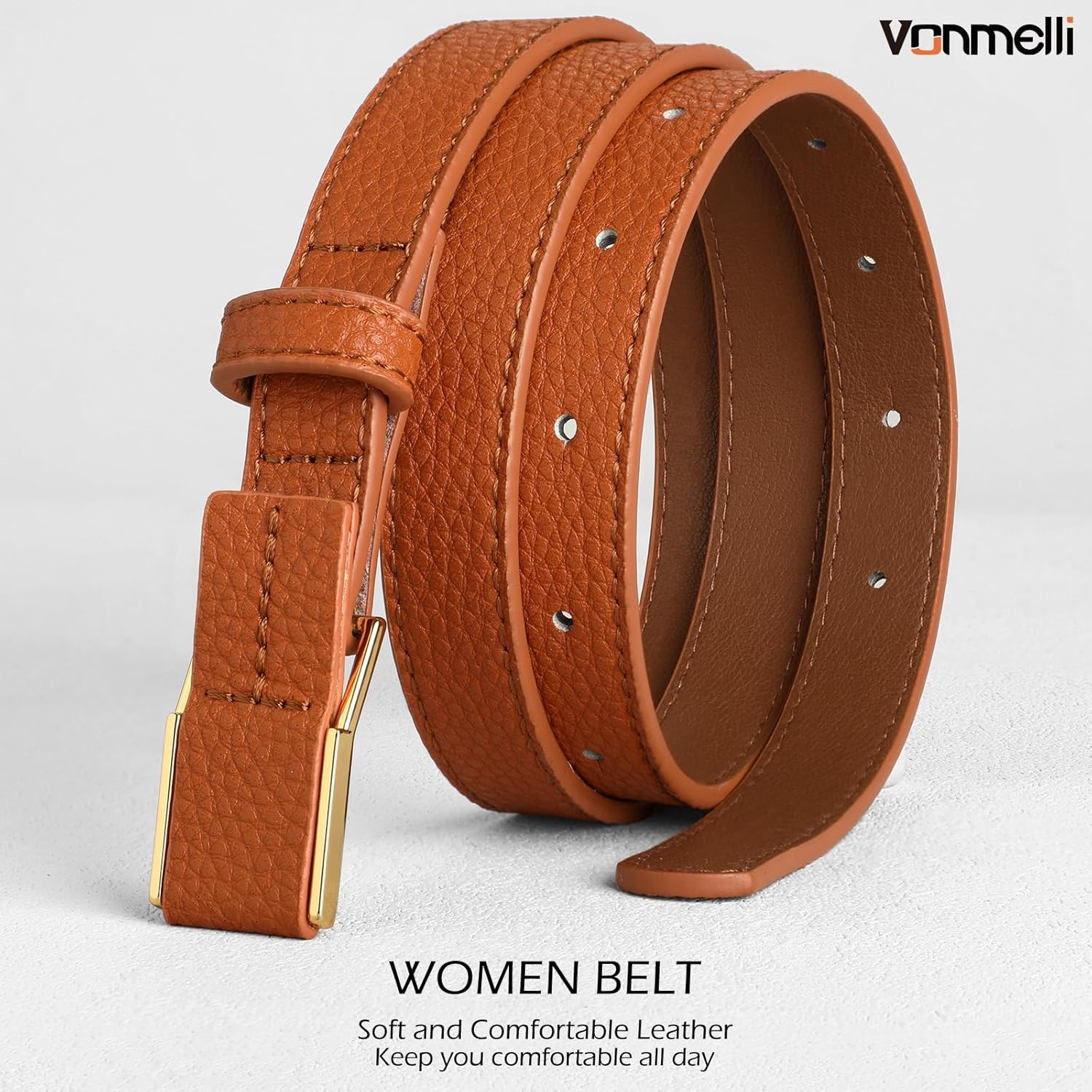VONMELLI Women Skinny Leather Belt Thin Waist Belt for Women Jeans Dress Fashion Ladies Belt with Gold Buckle - Image 2