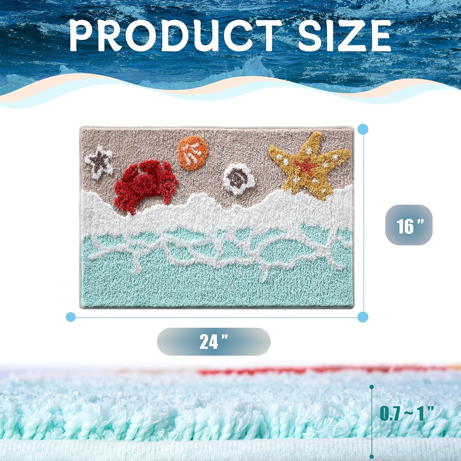 Moutina Beach Bathroom Rugs Shell Crab Starfish Bath Mat 16x24 Inch | Soft and Absorbent Tufted Non Slip Washable, Ocean Coastal Nautical Decor for Bathroom Bedroom