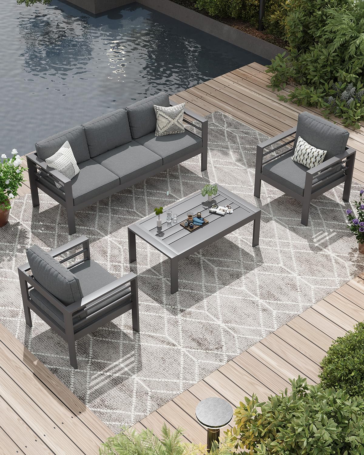 AECOJOY Aluminum Patio Furniture Set, 5 Seats Modern Outdoor Furniture with Coffee Table, 4 Pieces Metal Conversation Sectional Sofa, Dark Gray