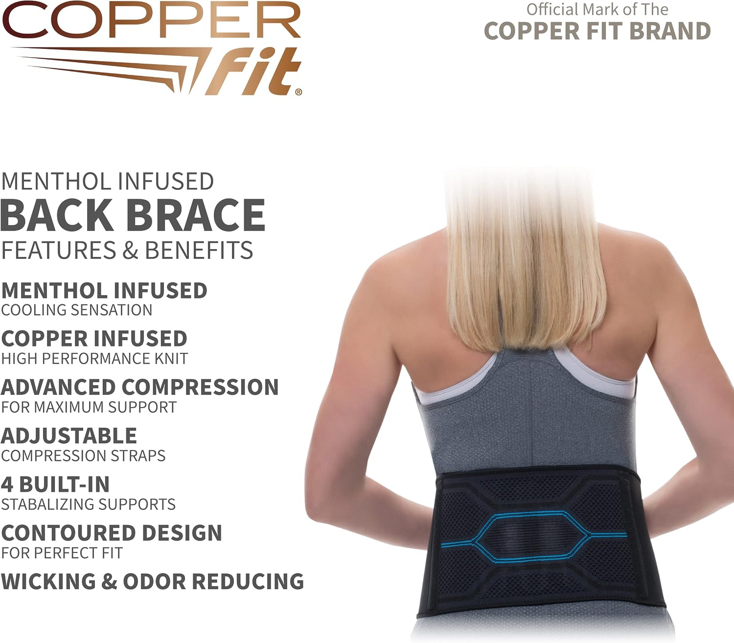 Copper Fit ICE Unisex Adjustable Compression Back Brace Infused with Menthol, Black