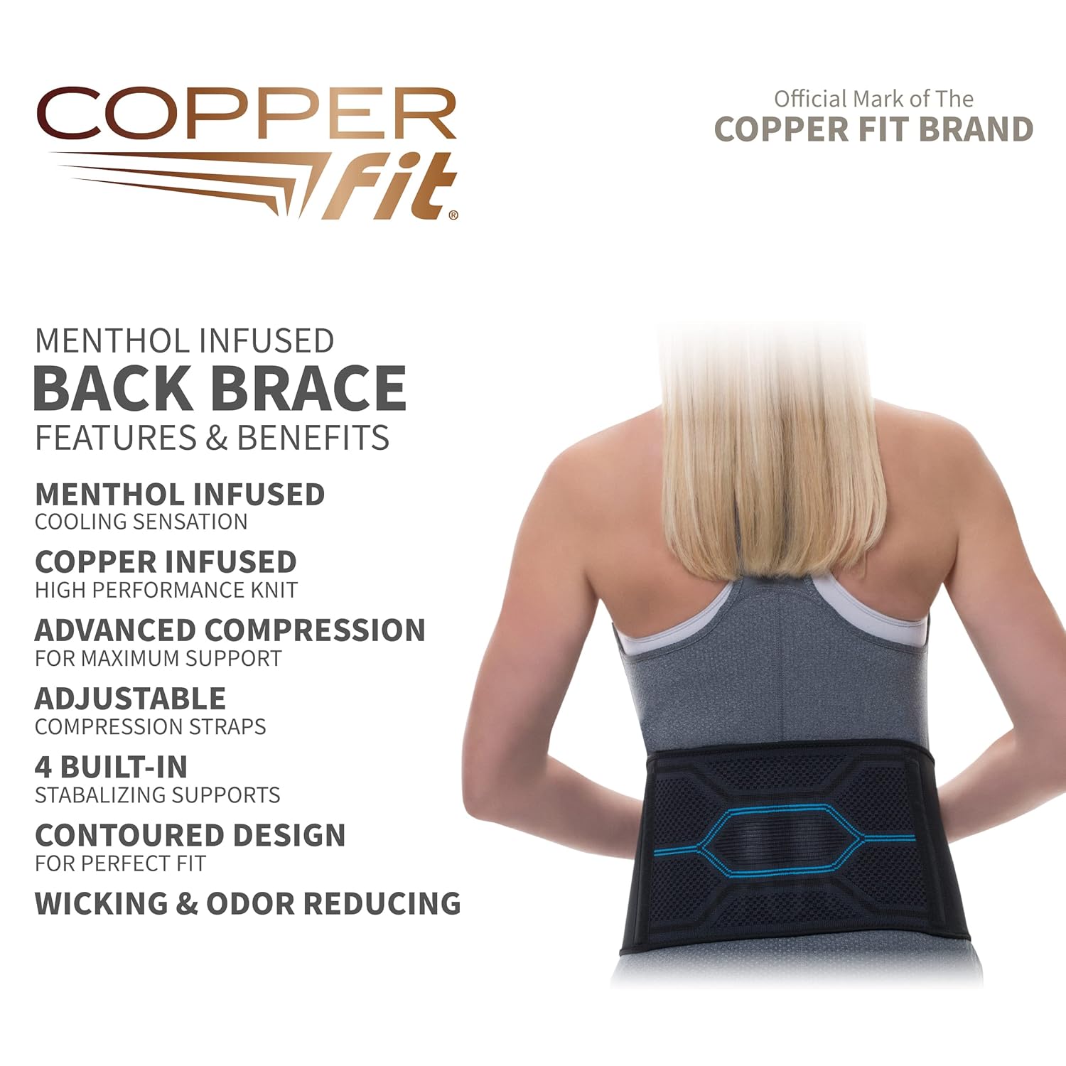 Copper Fit ICE Unisex Adjustable Compression Back Brace Infused with Menthol, Black : Health & Household