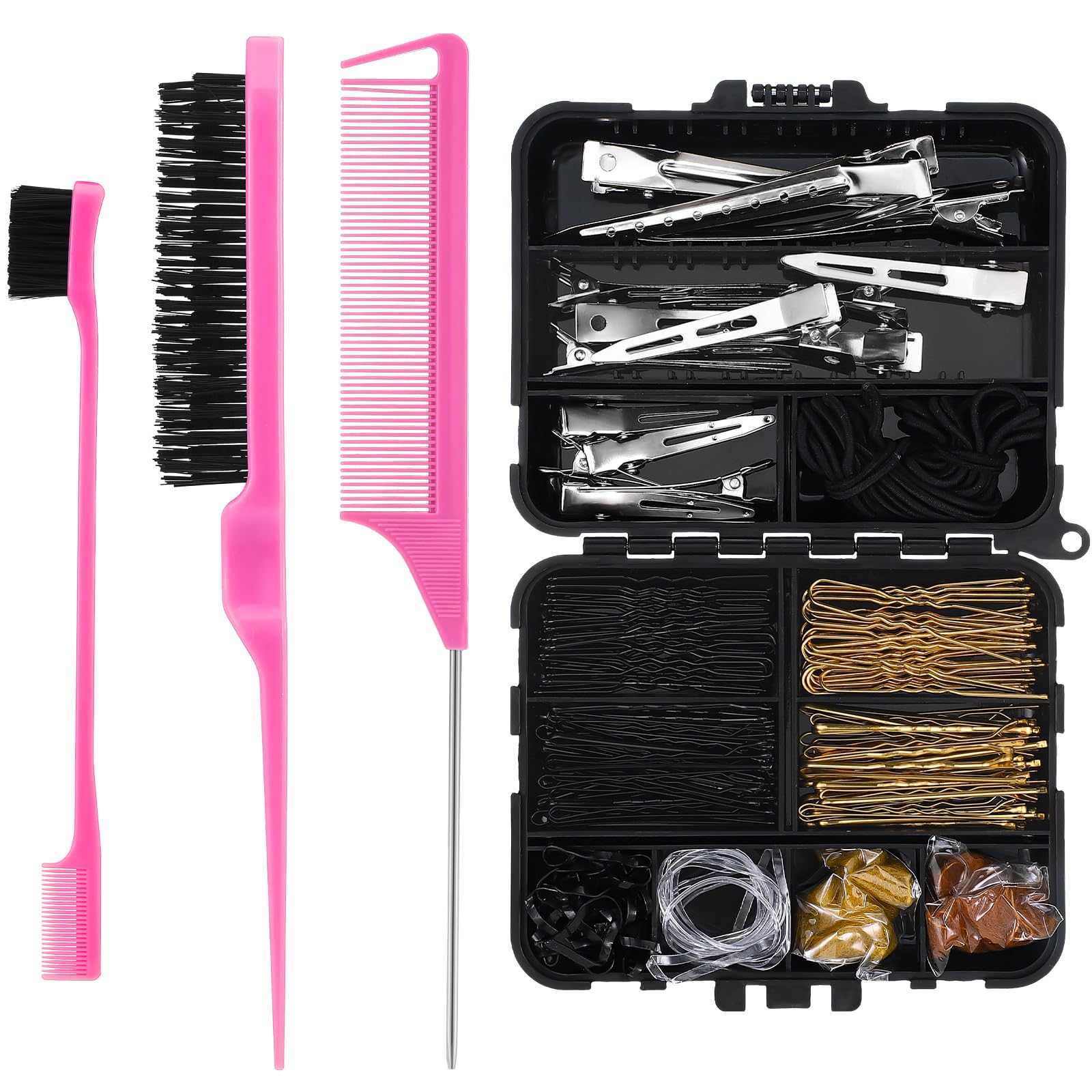 Teenyyou 160 Pcs Hair Bobby Pins Kit Dance Stuff Cosmetology Kit with Slick Back Hair Brush Set and Storage Box Hair Accessories Kit with Edge Bristle Brush Rat Tail Comb Dance Cheerleading (Pink)