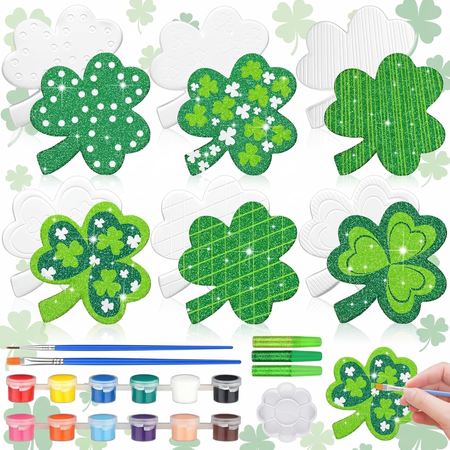 Bucherry 6 Sets 3.7 Inches St. Patrick's Day Gifts Irish Paint Your Own Ceramic Shamrock Statues Unpainted Assorted Shamrock Paintable Figurines Kit Craft Drawing DIY Art with Brush Paint Decor