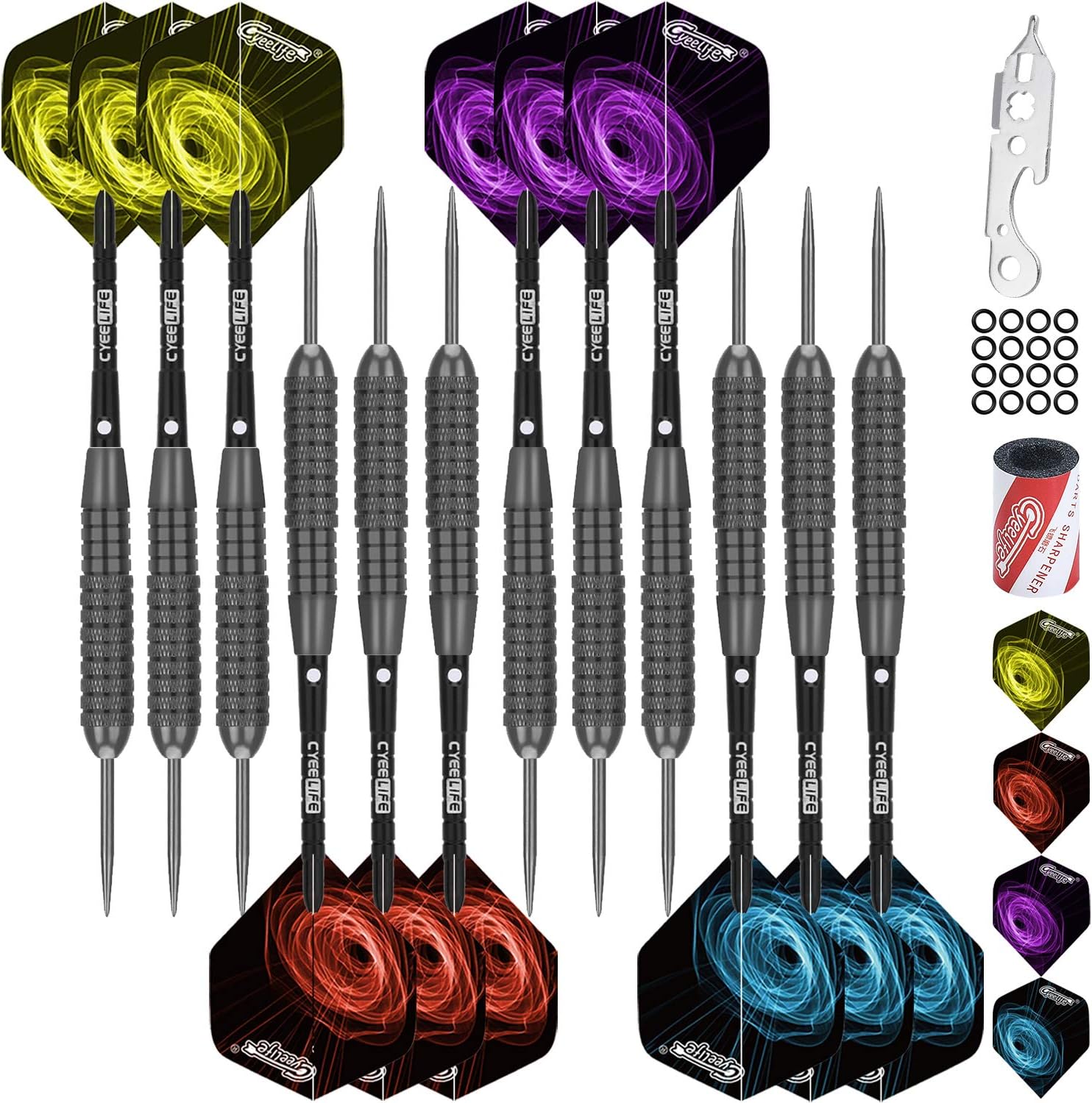 CyeeLife Professional Steel tip Darts Set 22/28 Gram,Fat Strong Aluminium Shafts+16 Flights(4 Designs)+Sharpener+Dart Tool,Complete Darts Steel tip Set
