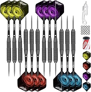CyeeLife Professional Steel tip Darts Set 22/28 Gram,Fat Strong Aluminium Shafts+16 Flights(4 Designs)+Sharpener+Dart Tool,Complete Darts Steel tip Set