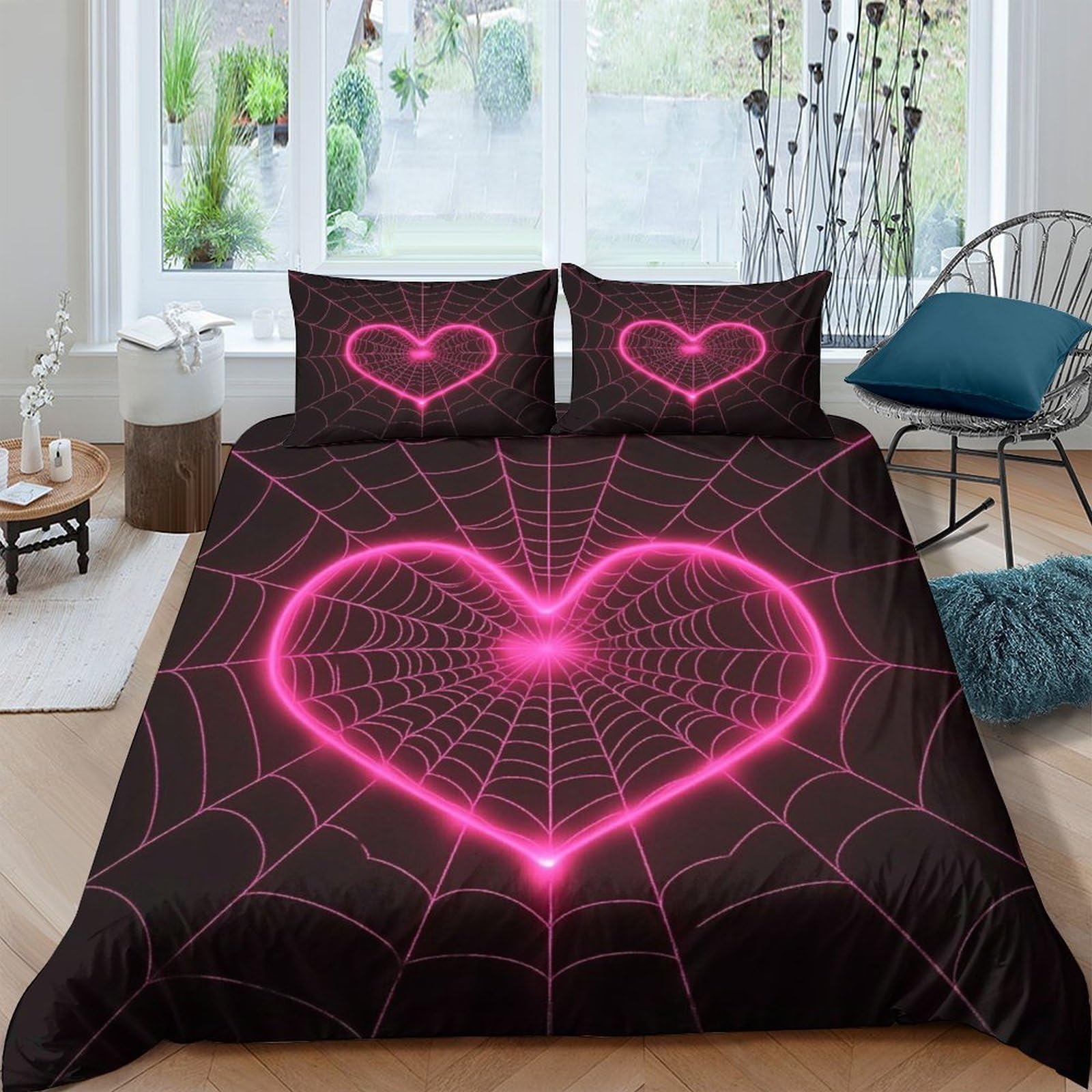 GPLZQXKJNH 3D Printed Neon Heart Duvet Cover Set Microfiber Soft Breathable Spider Web Bedding with 2 Pillowcases for Bedroom Decor Single（135x200cm）