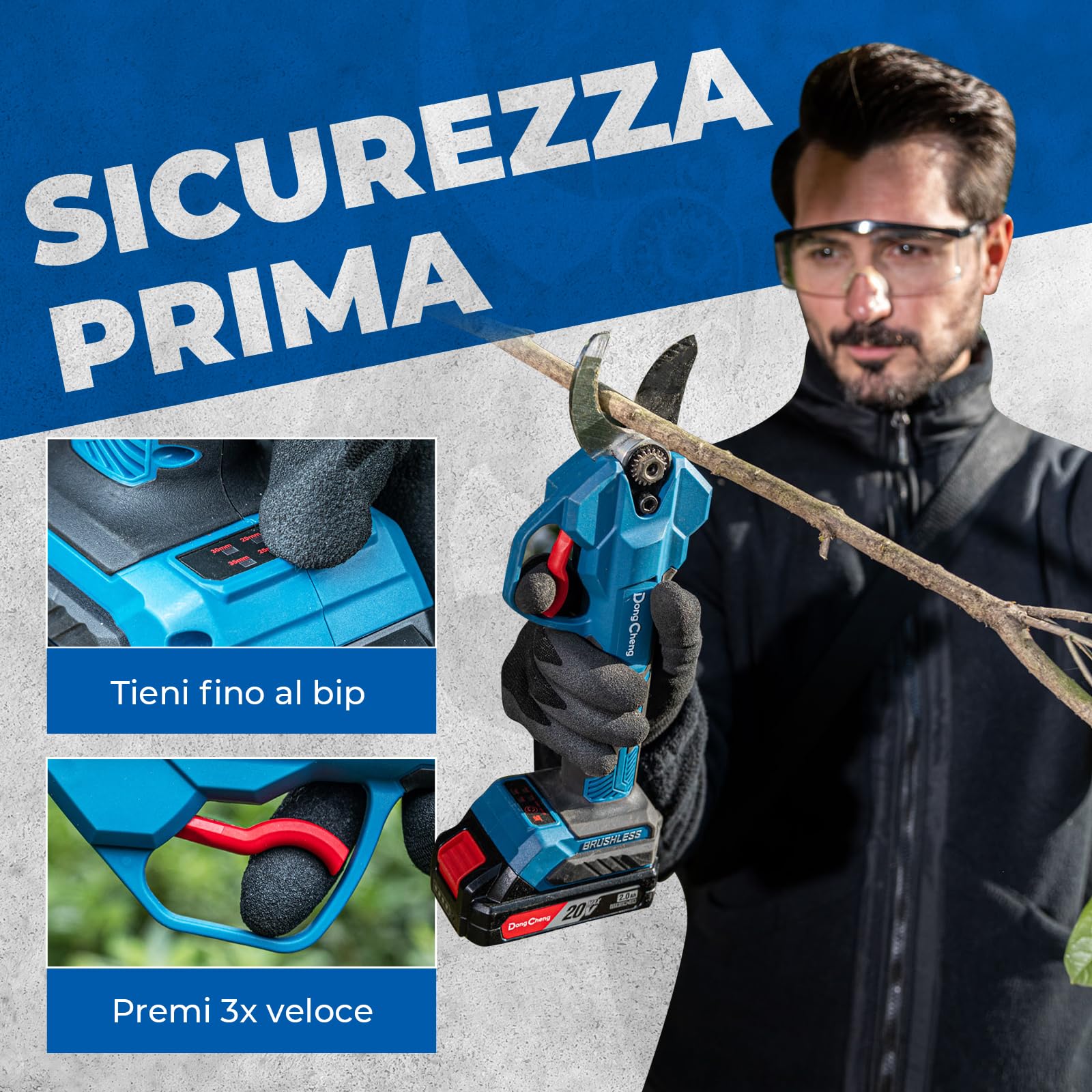 Dong Cheng Troncarami a batteria da 20 V, 4 livelli di taglio fino a 35 mm, motore professionale senza spazzole, 2 batterie da 2,0 Ah, caricatore da 2 A, lama SK5 – per alberi da frutto, giardinaggio