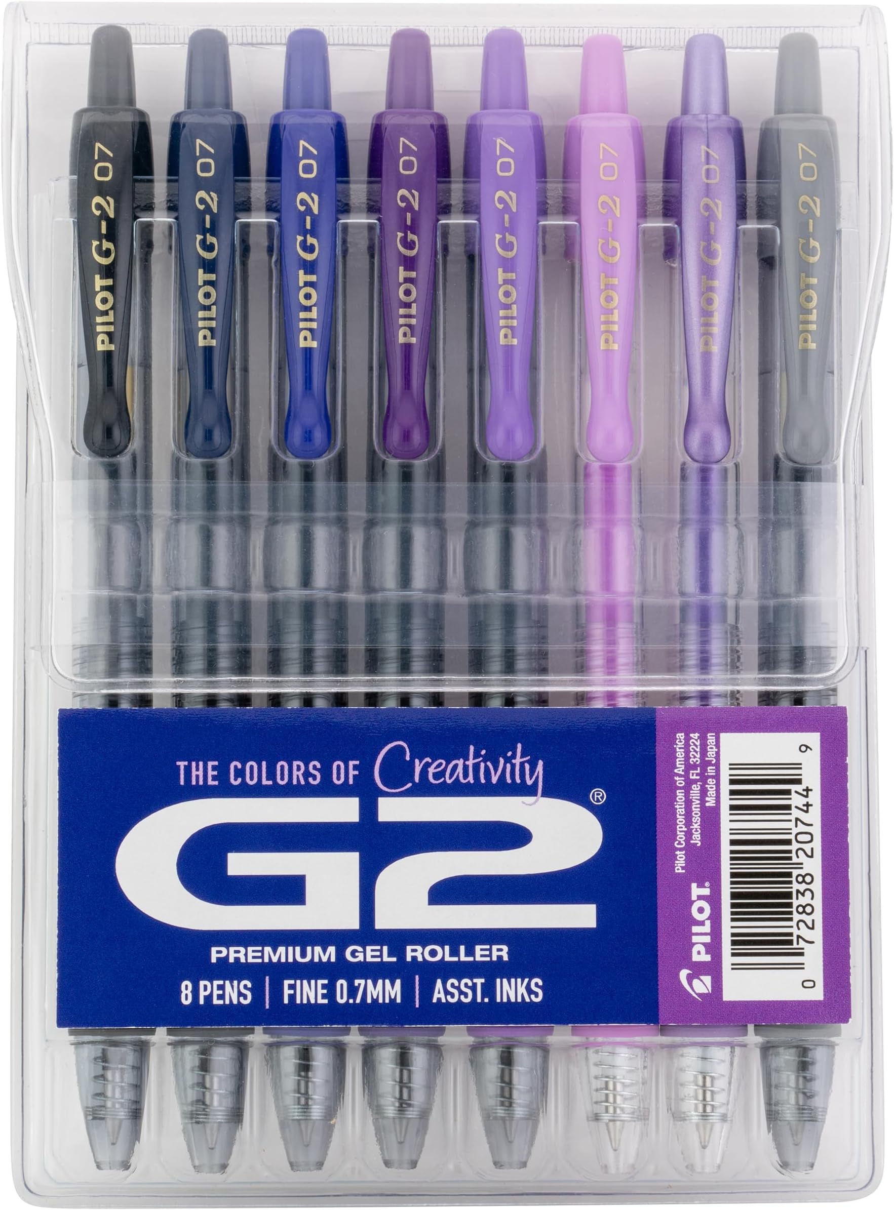 Pilot G2 Premium Gel Roller Pens, G2 Boost Purple Pens Pack, The Colors of Creativity, 8 Pack Pouch, Fine Point 0.7 mm, Assorted