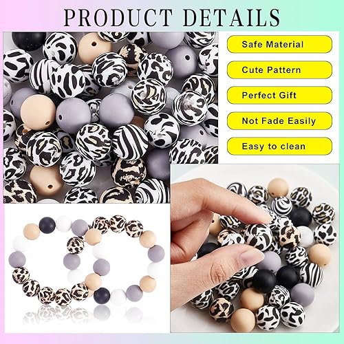 Miniatura 5 de 100 cuentas de silicona de 0.591 in con estampado de vaca, estampado de cebra, estampado de leopardo, cuentas de silicona con estampado de animales,