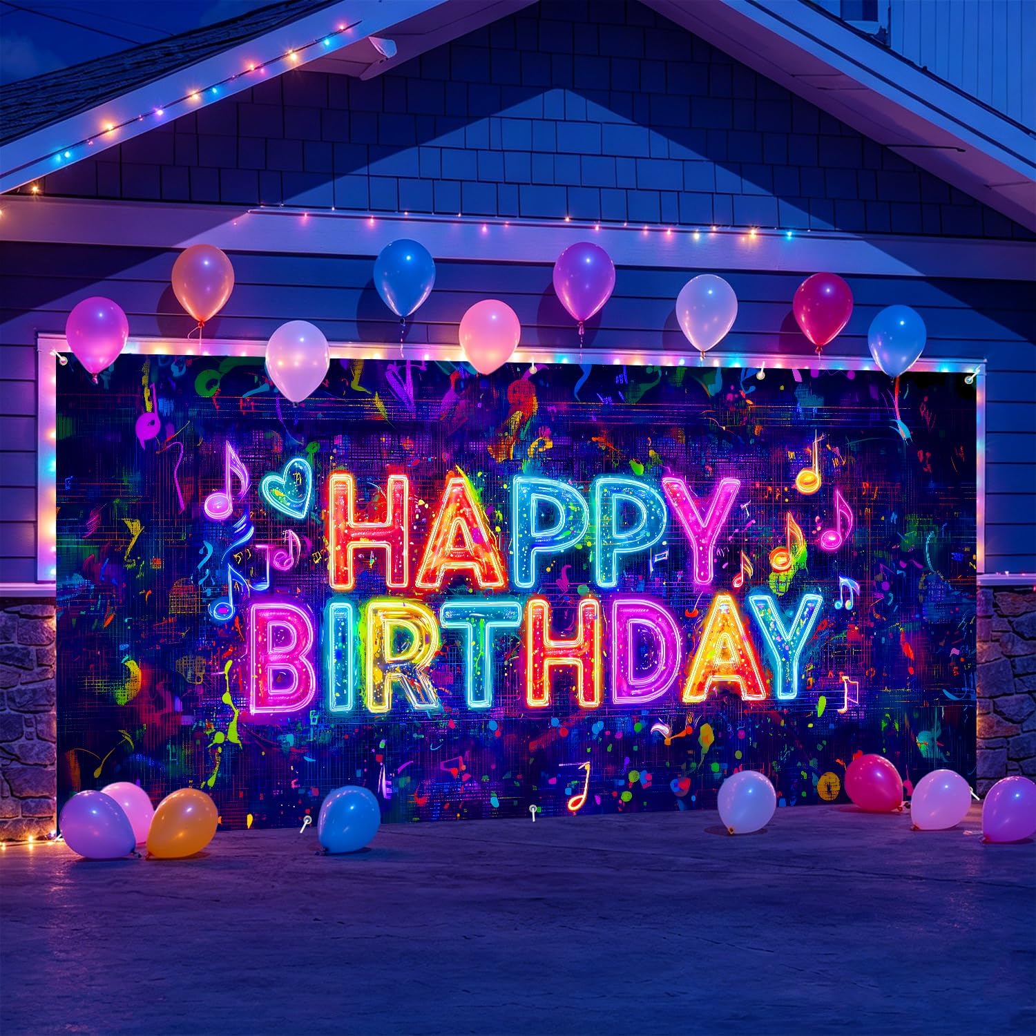 Neon Happy Birthday Garage Door Banner 7x16ft Birthday Decoration Garage Door Cover Photo Background