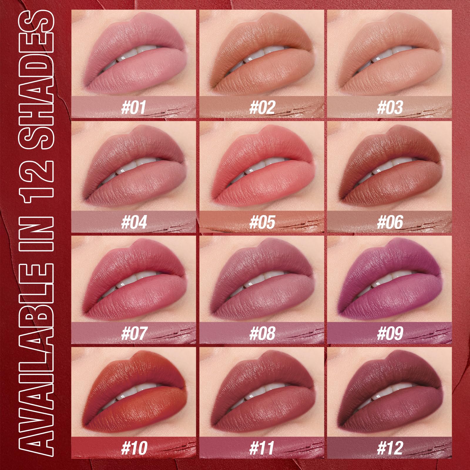 12 lápices labiales de terciopelo mate, color nude, mate, suave, color oscuro, alta pigmentación, de larga duración, impermeable, bálsamo labial, cosméticos de belleza, regalo para niñas y 3