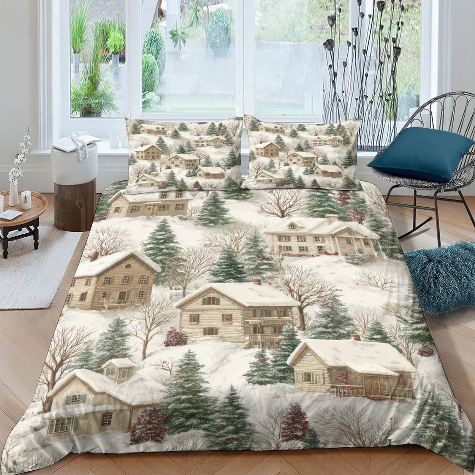 Ctjqhvkz Style-3 3D Printed Snow Village Fitted Sheet Microfiber Soft Winter Cabin Mattress Cover Breathable For Bedroom Guest Room Decor Single（135X200cm）