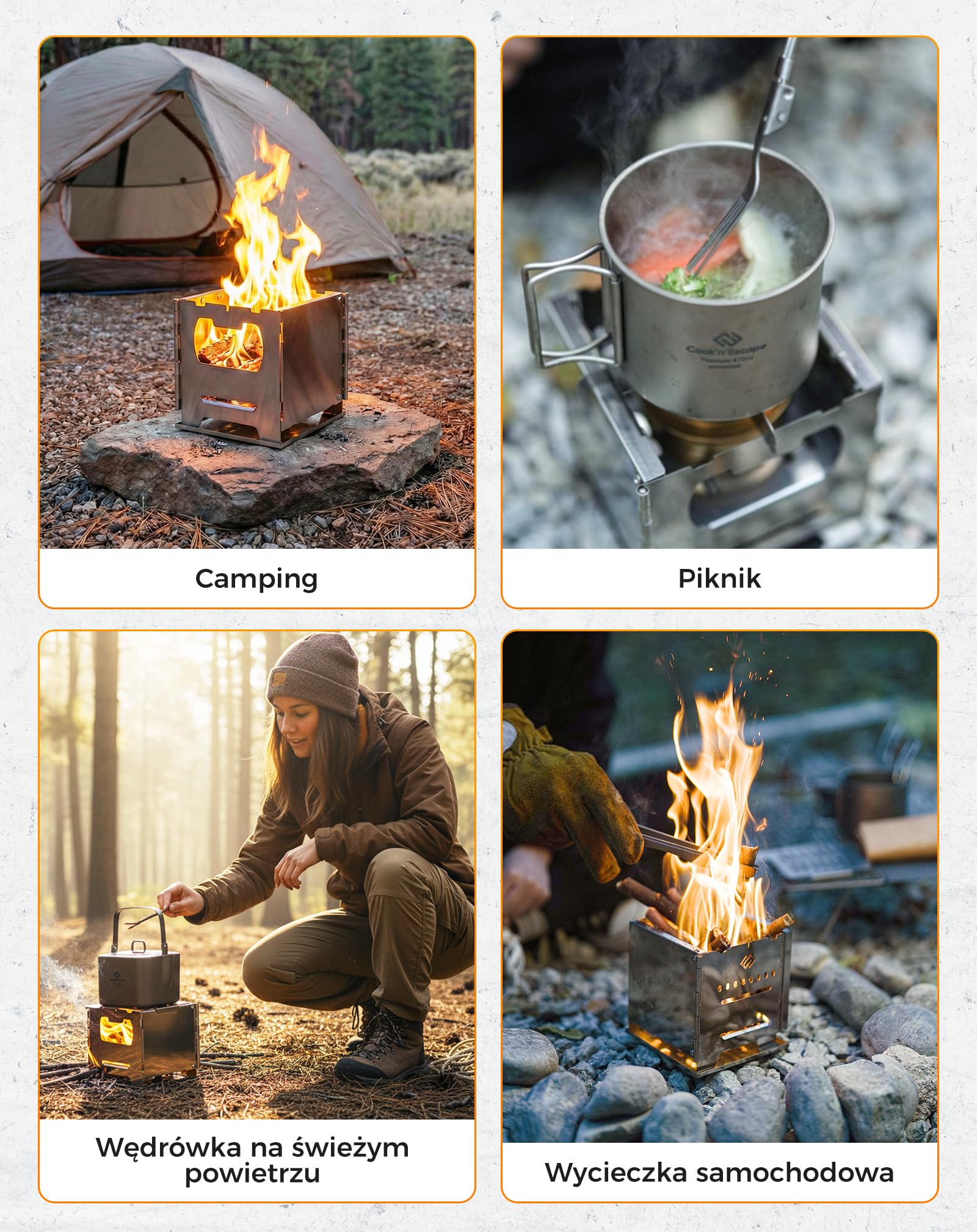 COOK'N'ESCAPE Przenośny piec kempingowy z drugim spalaniem, składany piec na drewno ze stali nierdzewnej, kuchenka outdoorowa z tytanową płytą grillową, nadaje się na kemping, grillowanie, wędrówki