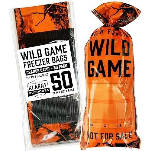Klarny Outdoors Wild Game Freezer Bags for Ground Meat or Venison, 1.5 LB Blaze Orange Camouflage Hunting Meat Packaging Storage System with Twist Ties for Preventing Freezer Burn (50 Bags)