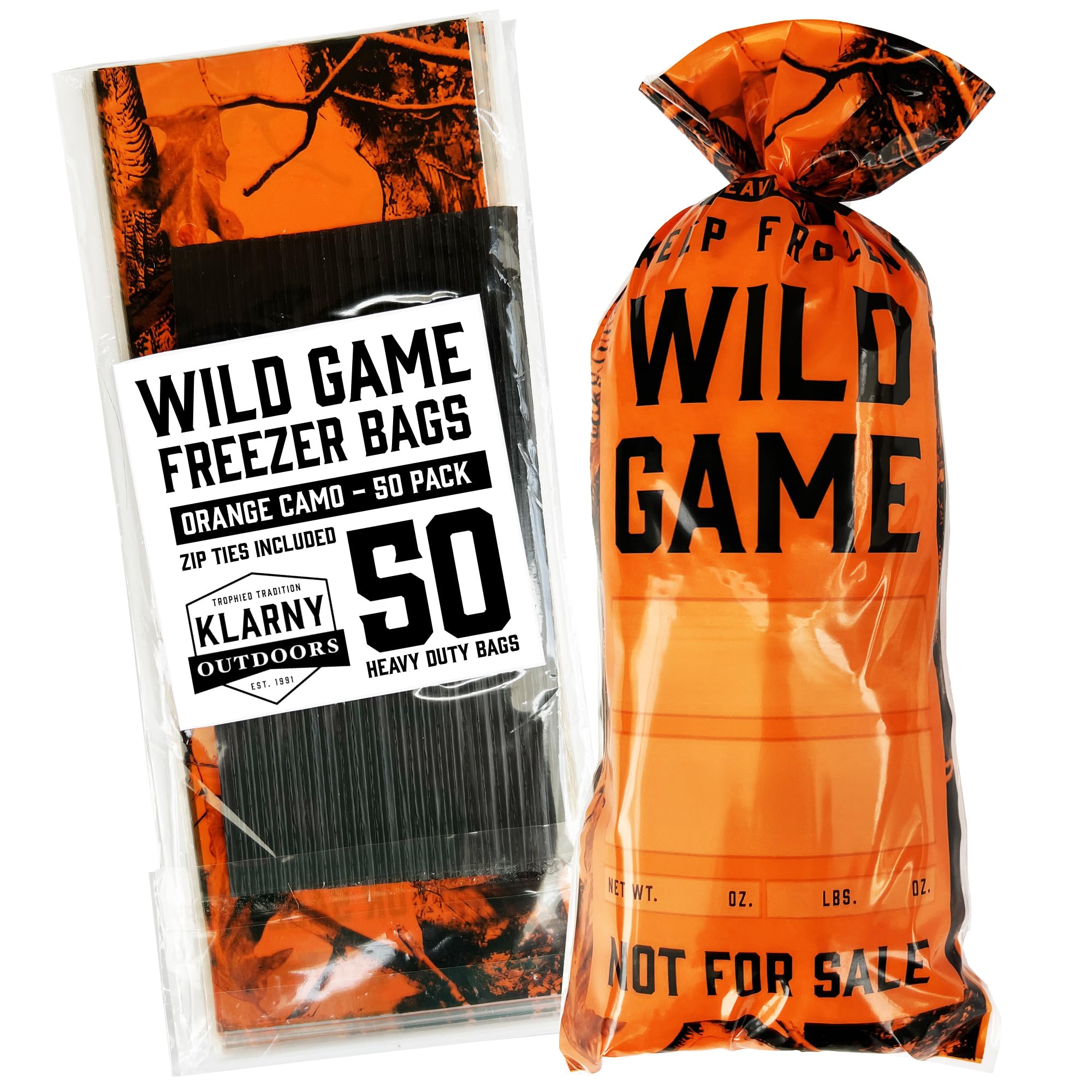 Wild Game - Bolsas de congelador para carne molida o venado, sistema de almacenamiento de embalaje de carne de caza de 1.5 libras con lazos giratorios para evitar quemaduras por congelador (50)