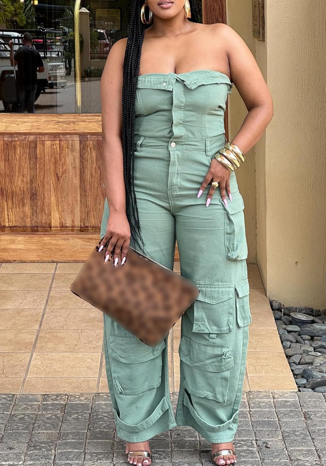 DINGANG Denim Jumpsuit for Women Sexy Slim Fit Strapless Cargo Denim Romper Wide Leg Jeans Multi Pockets - Image 5