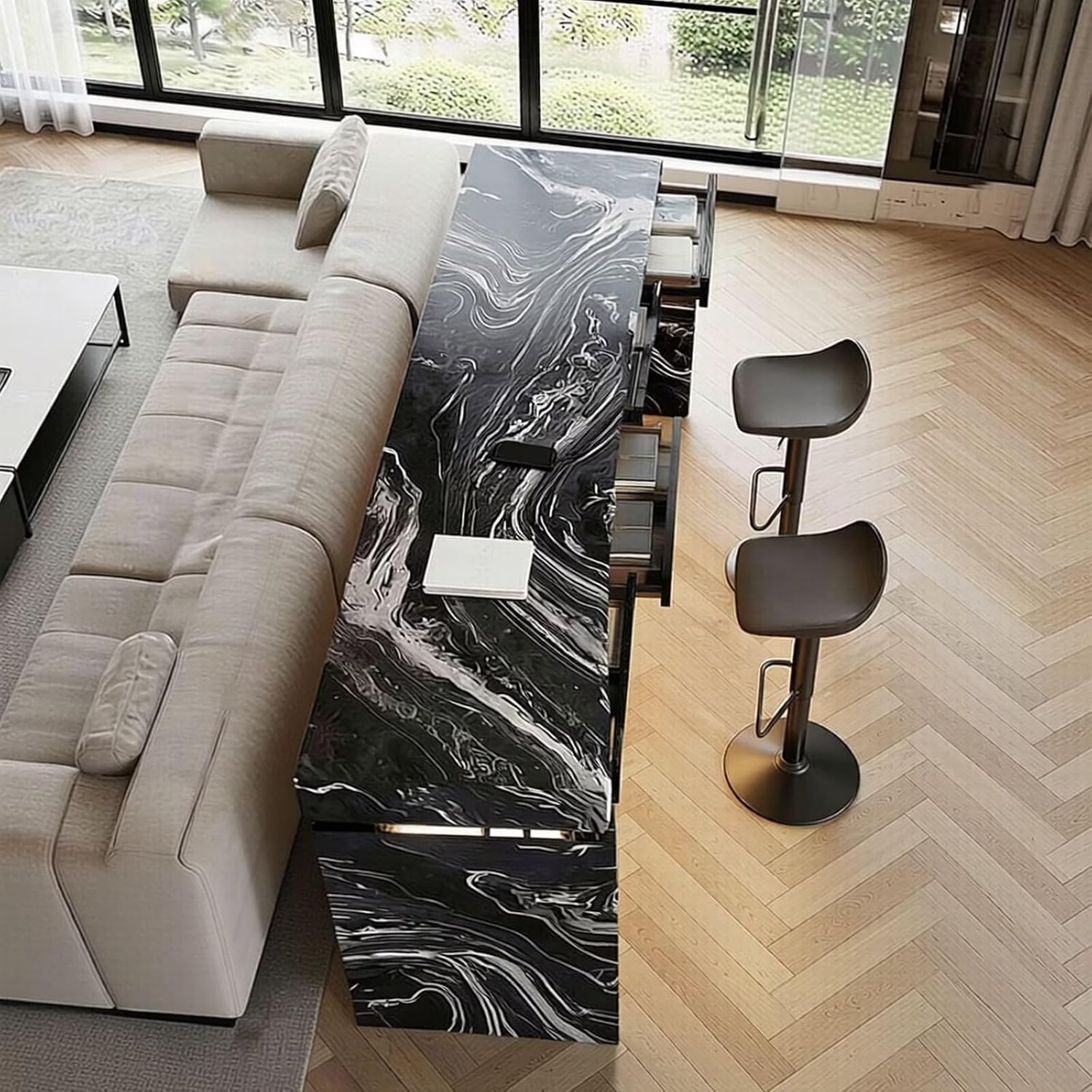 Bar Table - High Top Bar Table with Marble Top, Black Living Room Tall Island Counter Includes LED Lighting and Storage Drawers for Living Room (88IN No Chairs)