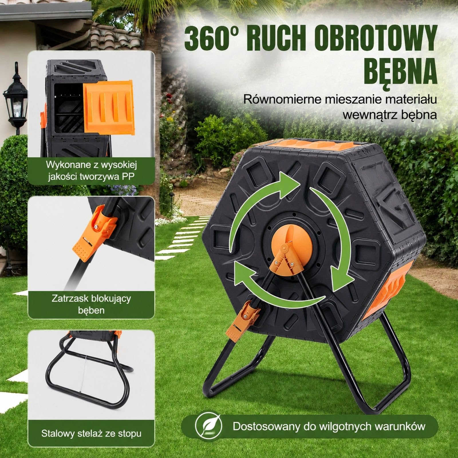 Obrotowy kompostownik ogrodowy 70 l z bębnem obracanym o 360°, konstrukcja z PP i Q235B, w zestawie rękawice