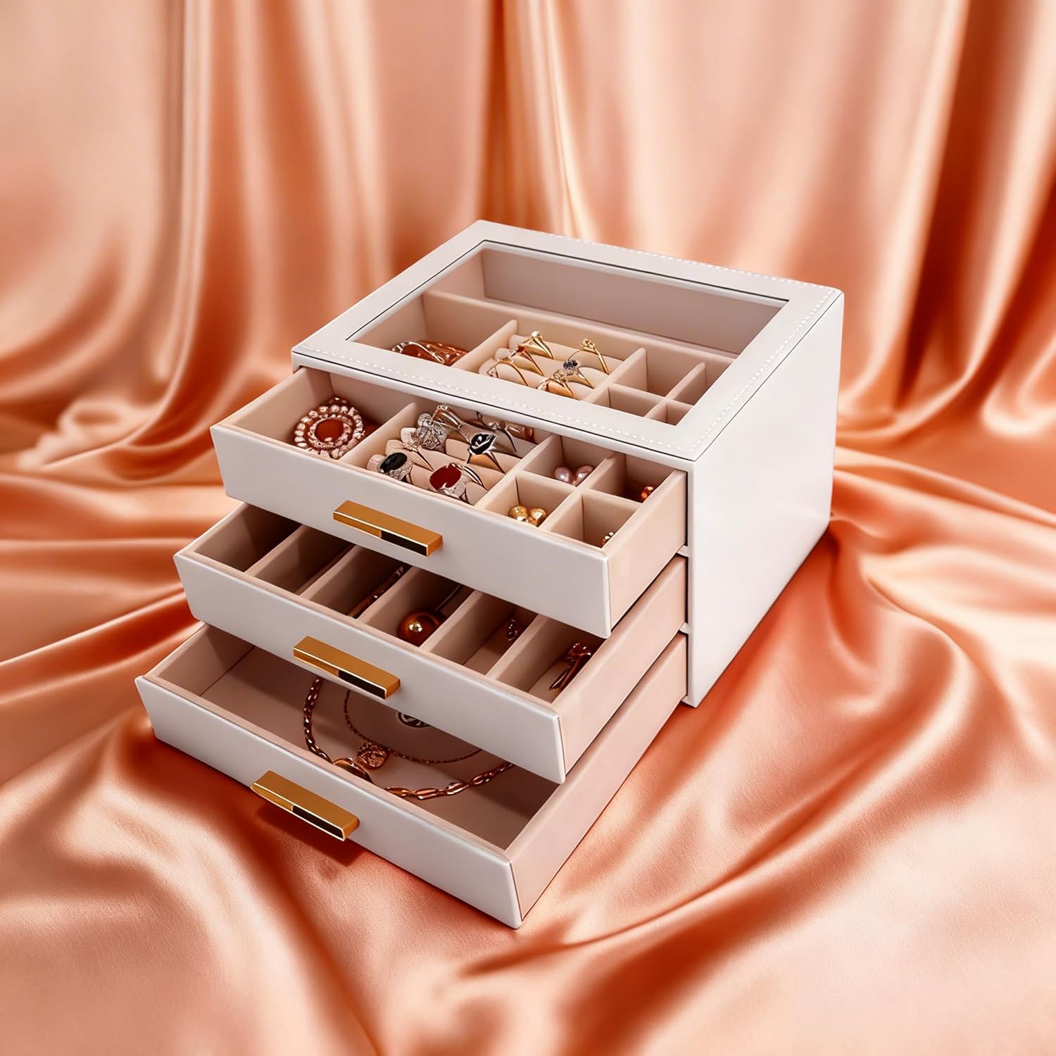 Jewelry Boxes for Women, Glass Lid Jewelry Box with 3 Drawers,Jewelry Organizer for Necklaces, Rings, Daughter, Sisters, Bridesmaids, Mother's Day Gift（White）