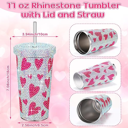 Miniatura 3 de Domensi Vaso de diamantes brillantes de 17 onzas con estampado de corazón y popote y tapa, taza de cristal con aislamiento al vacío para mujeres,